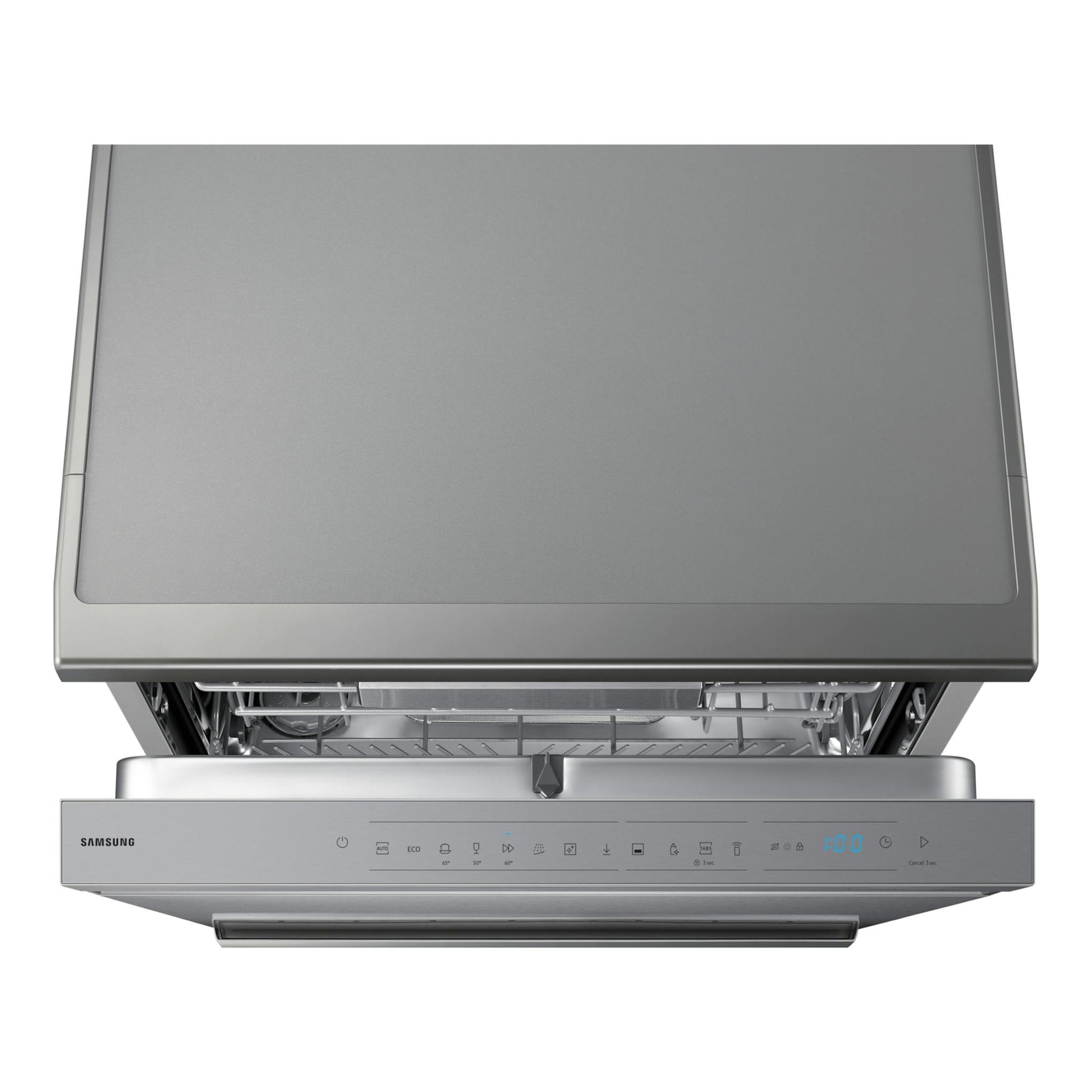 Lavavajillas Samsung DW70H73YCFRU1 en inox, vista frontal con la puerta abierta y panel de control visible.