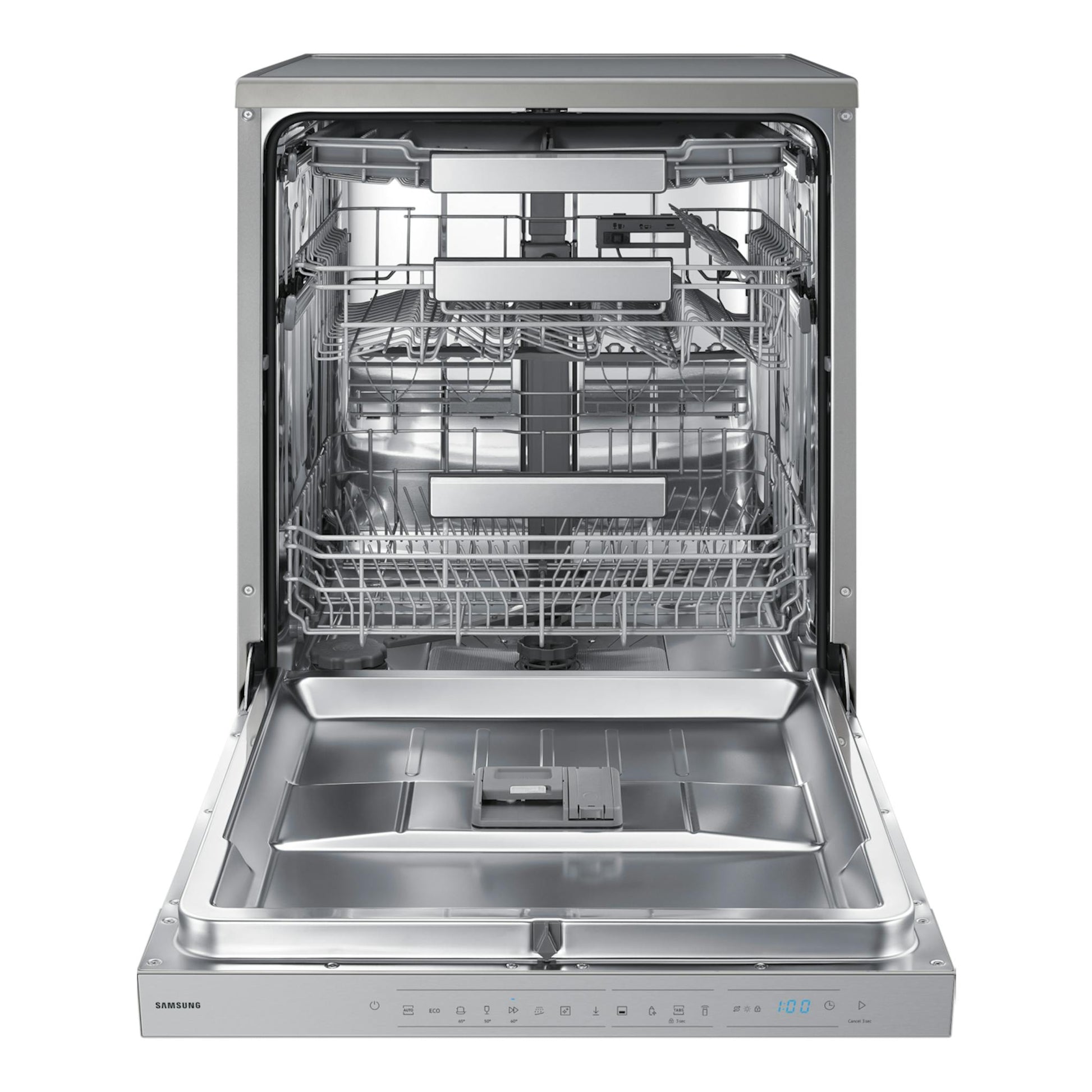 Lavavajillas Samsung DW70H73YCFRU1 de acero inoxidable, abierto, vista frontal.