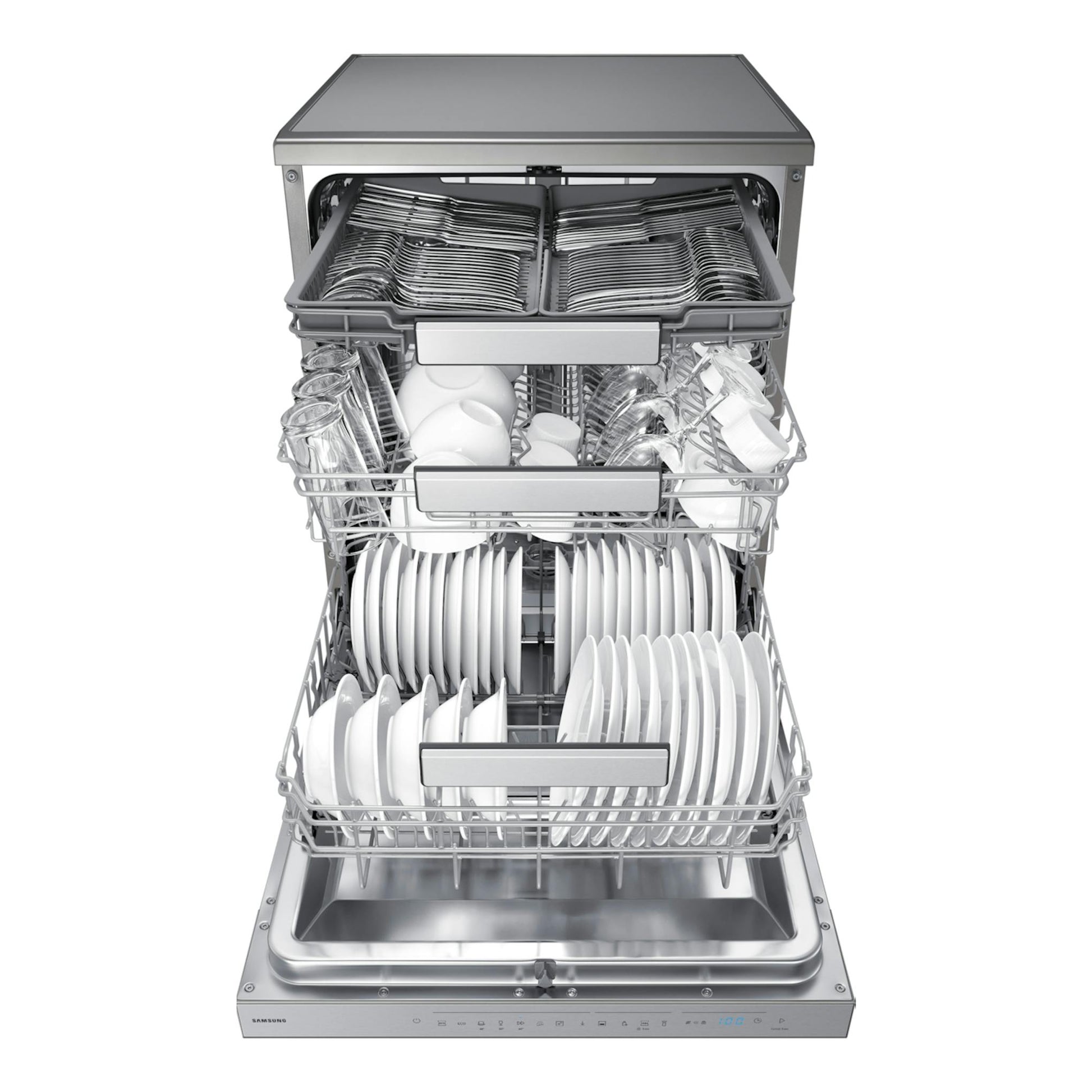 Lavavajillas Samsung DW70H73YCFRU1 inox, vista frontal abierta, con cestas llenas de platos y vasos.
