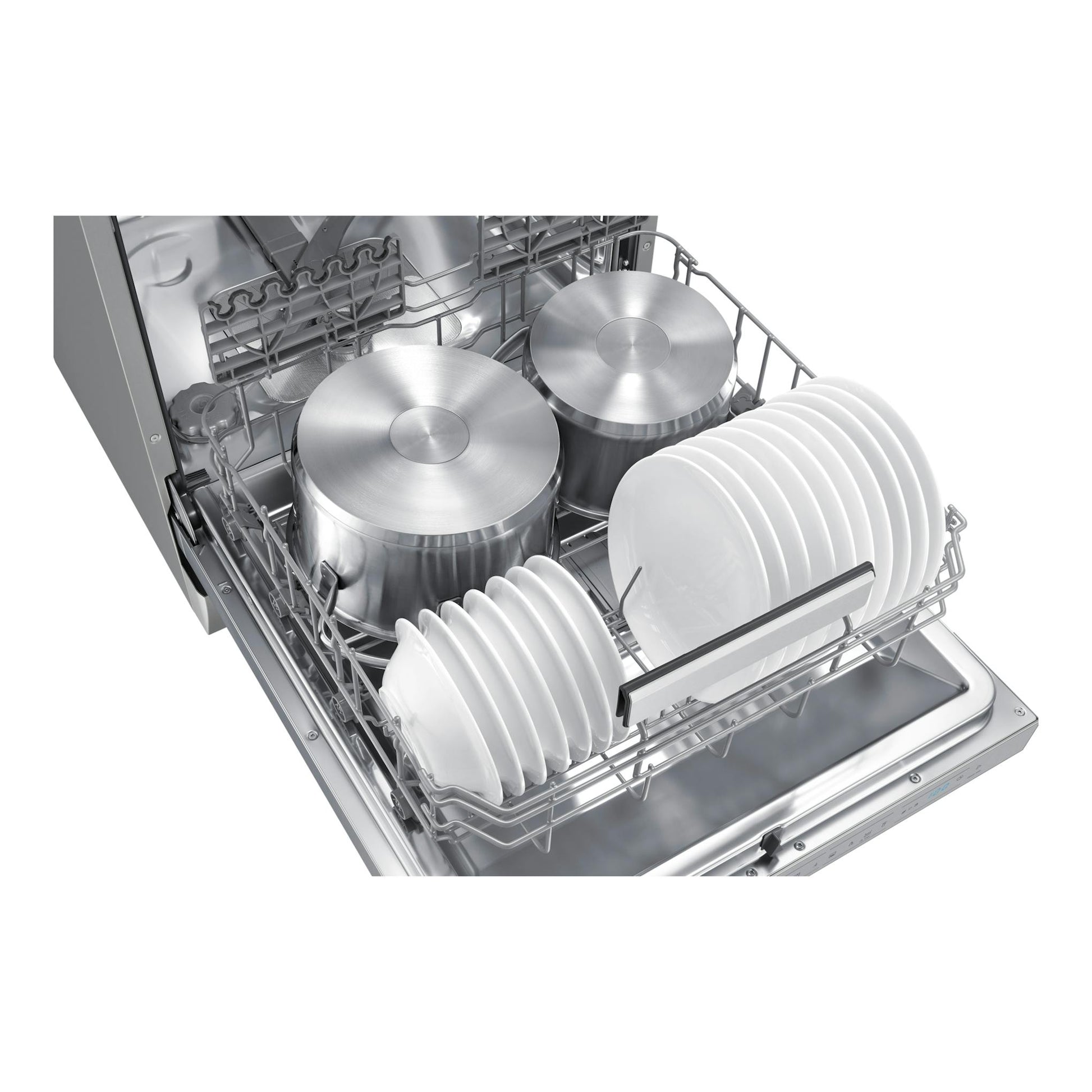 Lavavajillas Samsung DW70H73YCFRU1 abierto, interior inox con cestos llenos de platos y ollas.