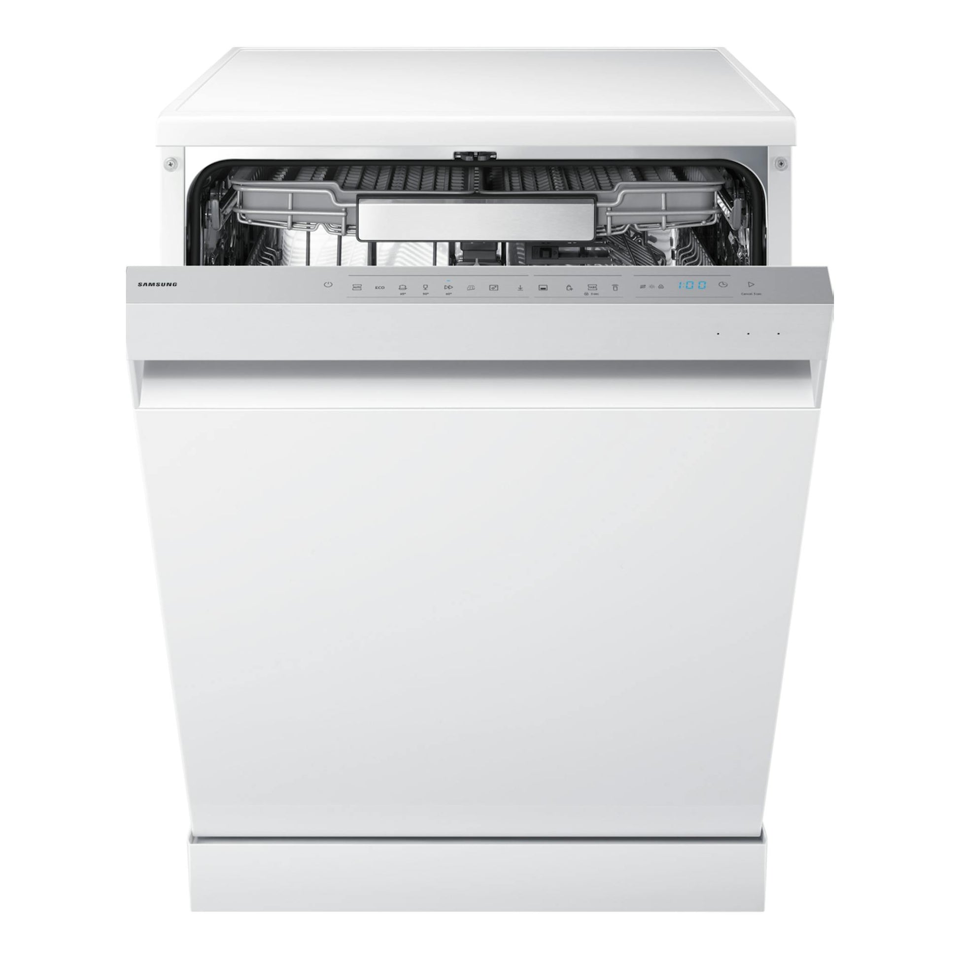 Lavavajillas Samsung DW70H73YCFVU1 blanco, vista frontal con puerta abierta y panel de control superior.