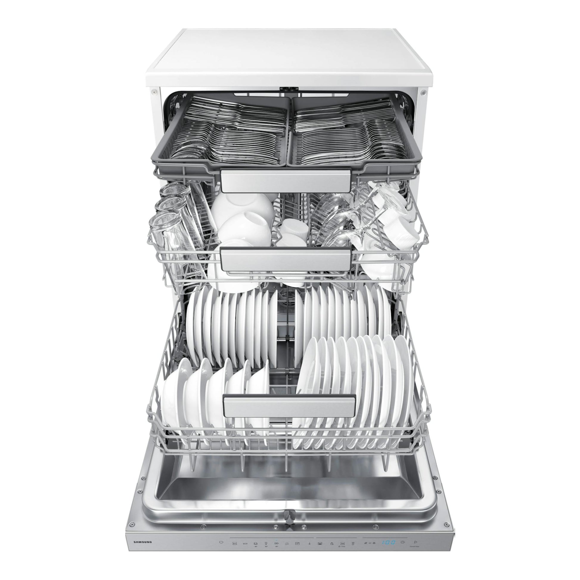 Lavavajillas Samsung DW70H73YCFVU1 blanco, vista frontal abierta, con cestas llenas de platos y vasos.
