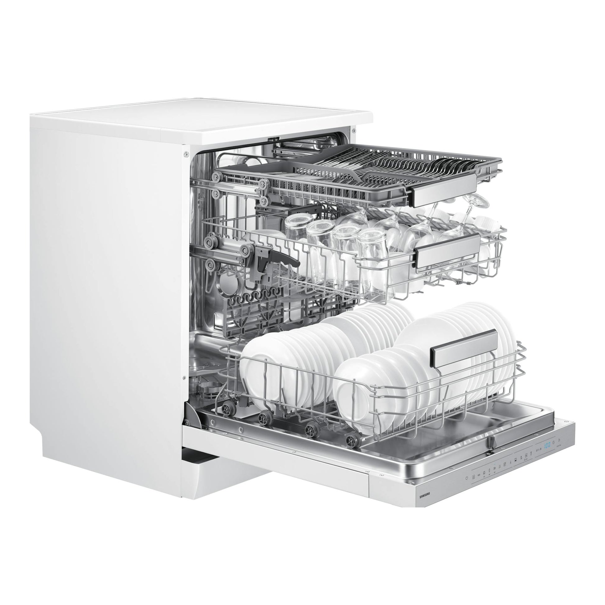 Lavavajillas Samsung DW70H73YCFVU1 blanco, vista frontal tres cuartos, puerta abierta y cestos con vajilla.