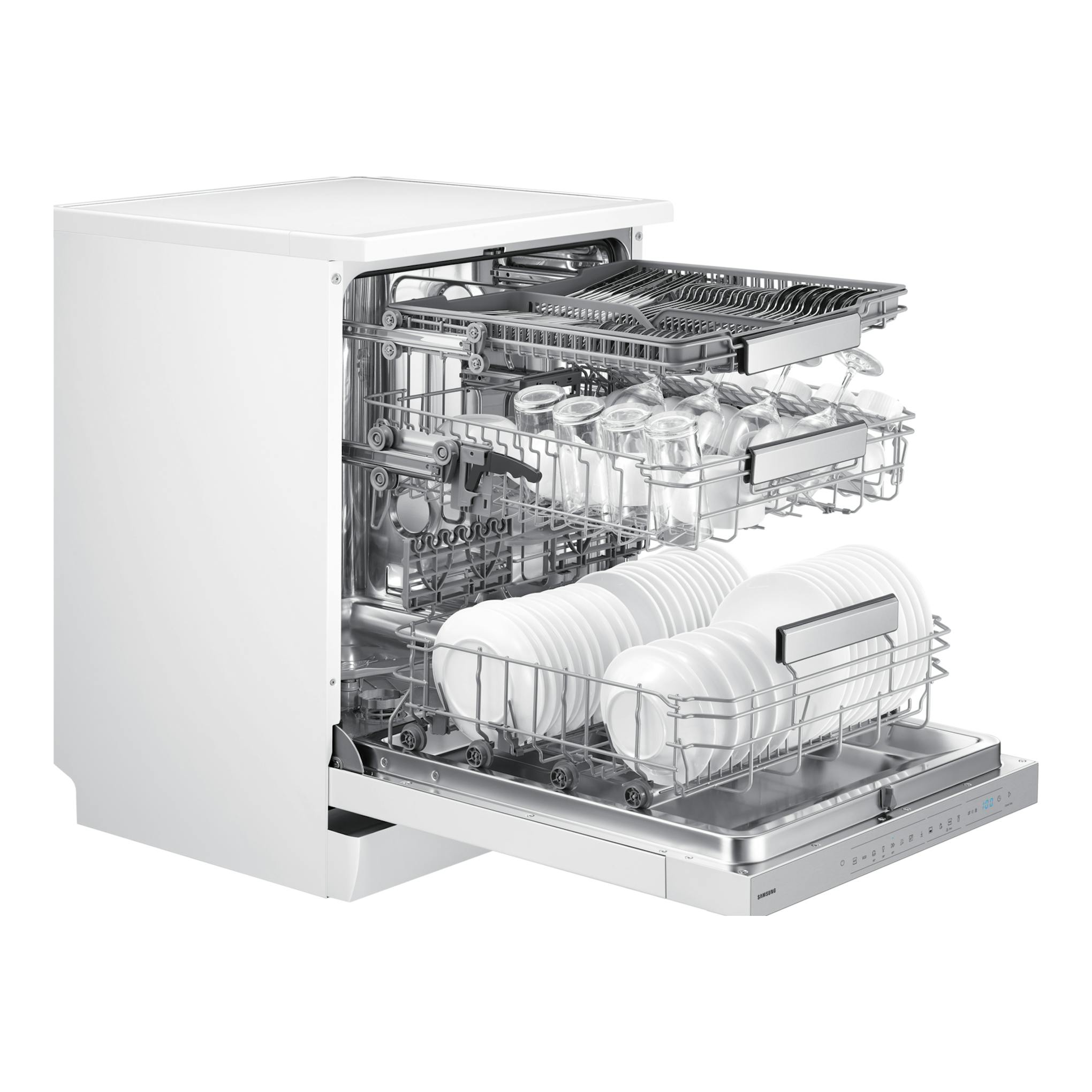 Lavavajillas Samsung DW70H73YCFVU1 blanco, vista frontal tres cuartos, puerta abierta y cestos con vajilla.