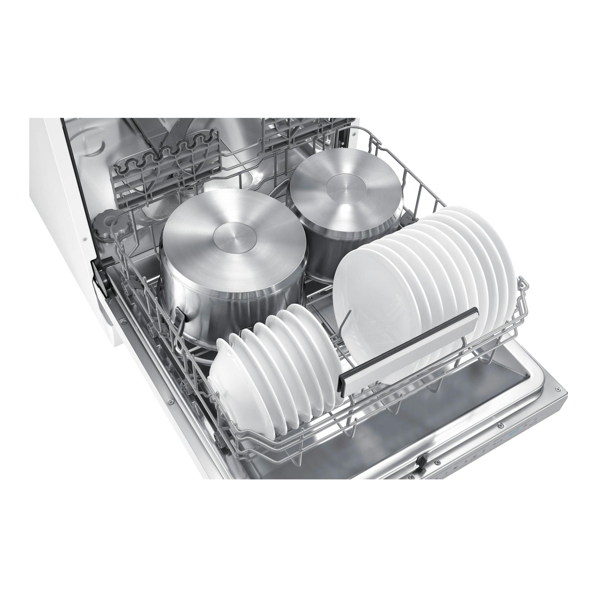 Lavavajillas Samsung DW70H73YCFVU1 blanco, puerta abierta, vista diagonal del interior con ollas y platos.
