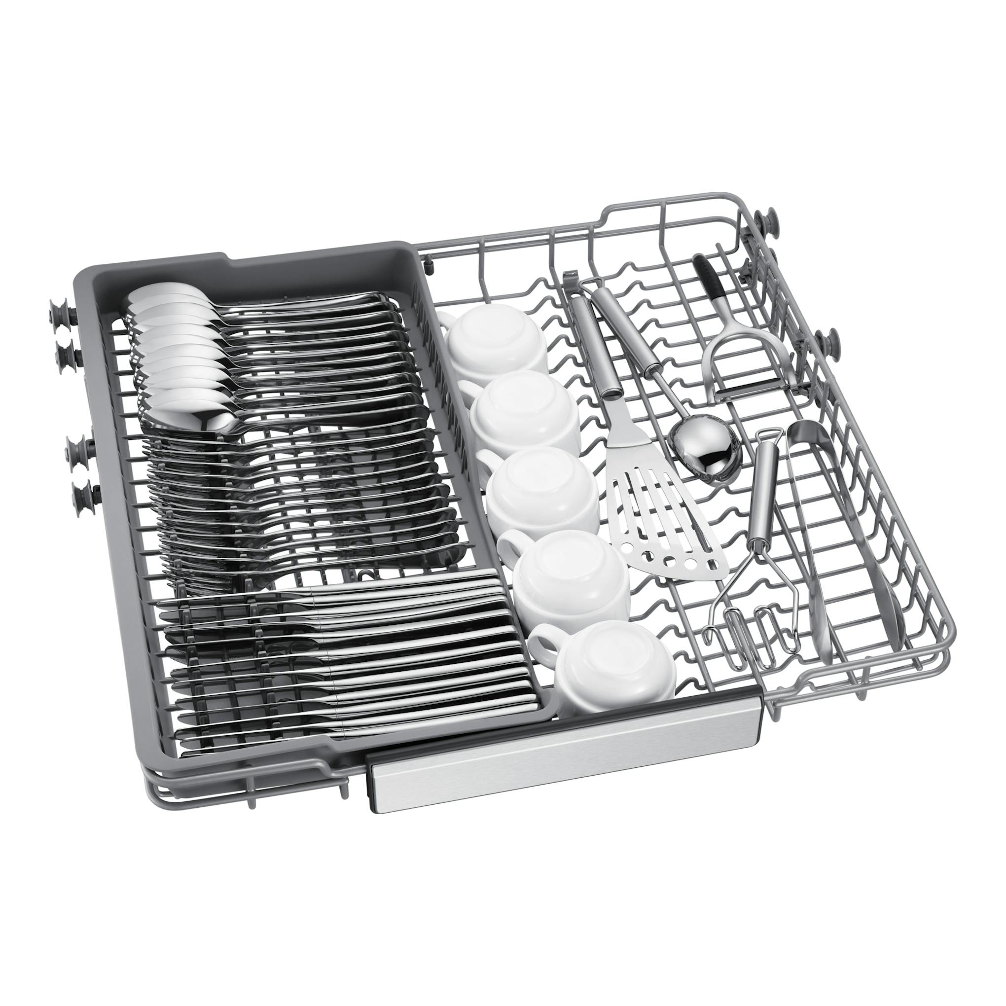 Bandeja superior de lavavajillas Samsung DW70H73YCFVU1 con cubiertos, tazas y utensilios, vista en ángulo.