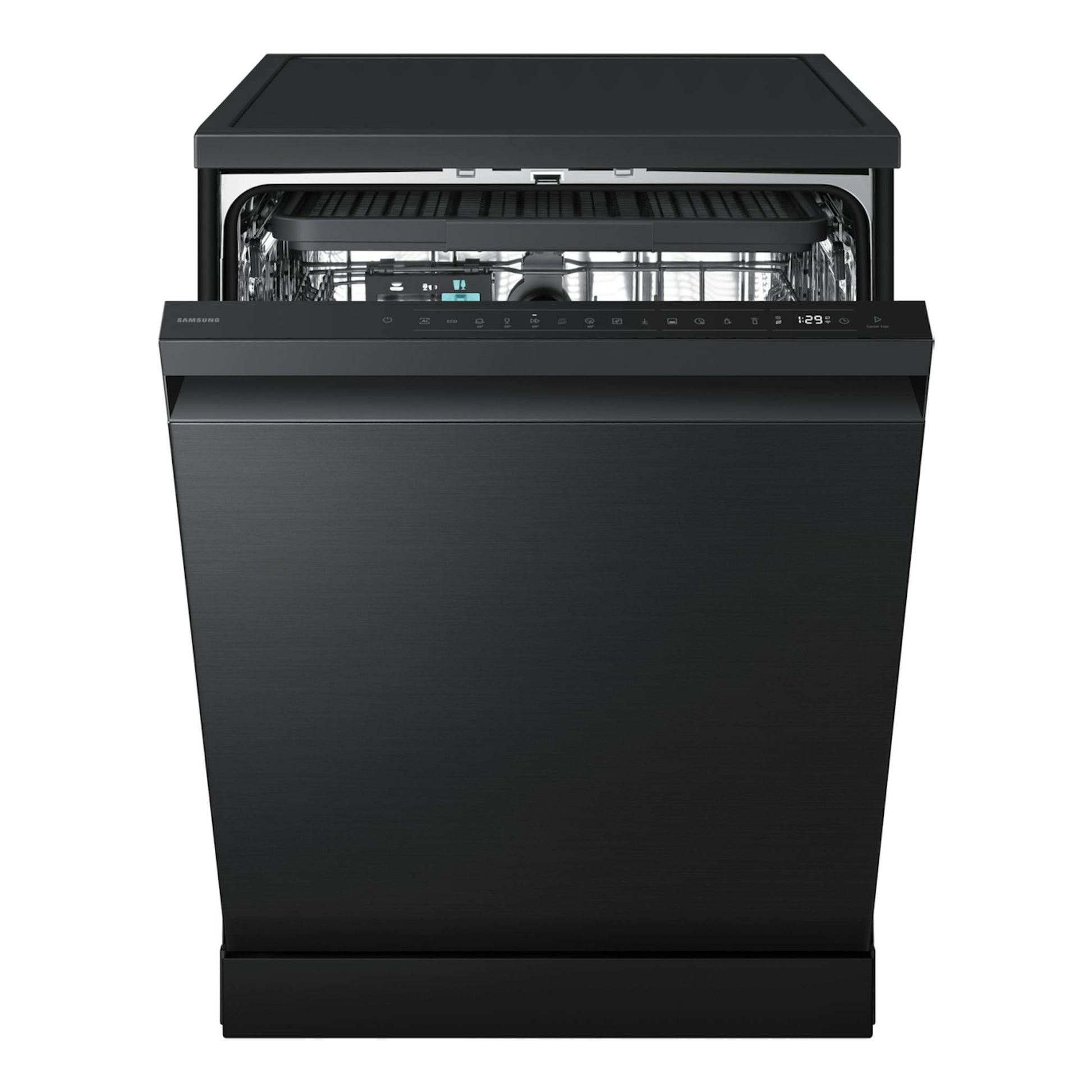 Lavavajillas Samsung DW80H73YAFFU1 negro, vista frontal, puerta abierta.