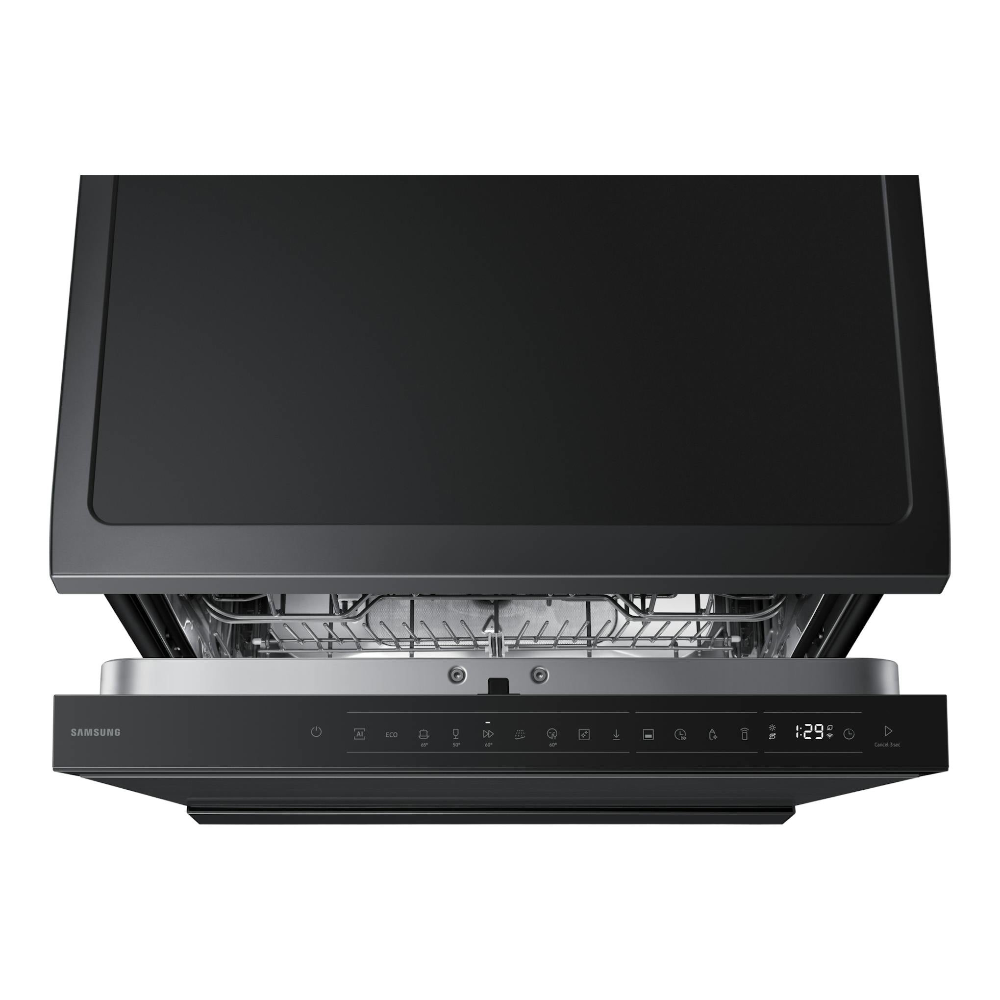 Lavavajillas Samsung DW80H73YAFFU1 negro, vista frontal con puerta abierta y panel digital.