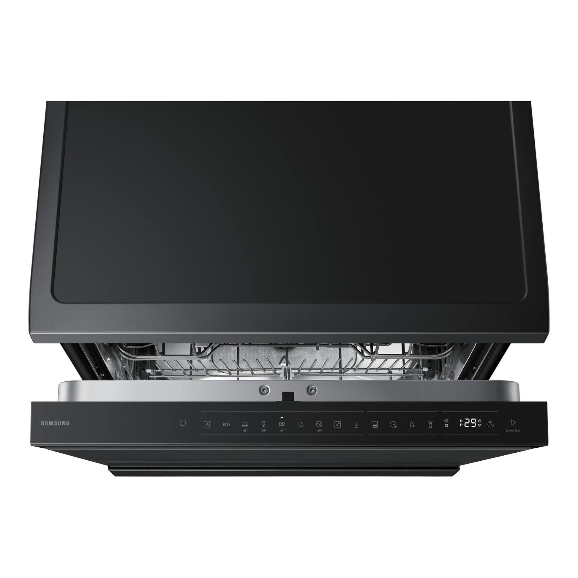 Lavavajillas Samsung DW80H73YBFFU1 negro, vista frontal con la puerta abierta y panel de control visible.