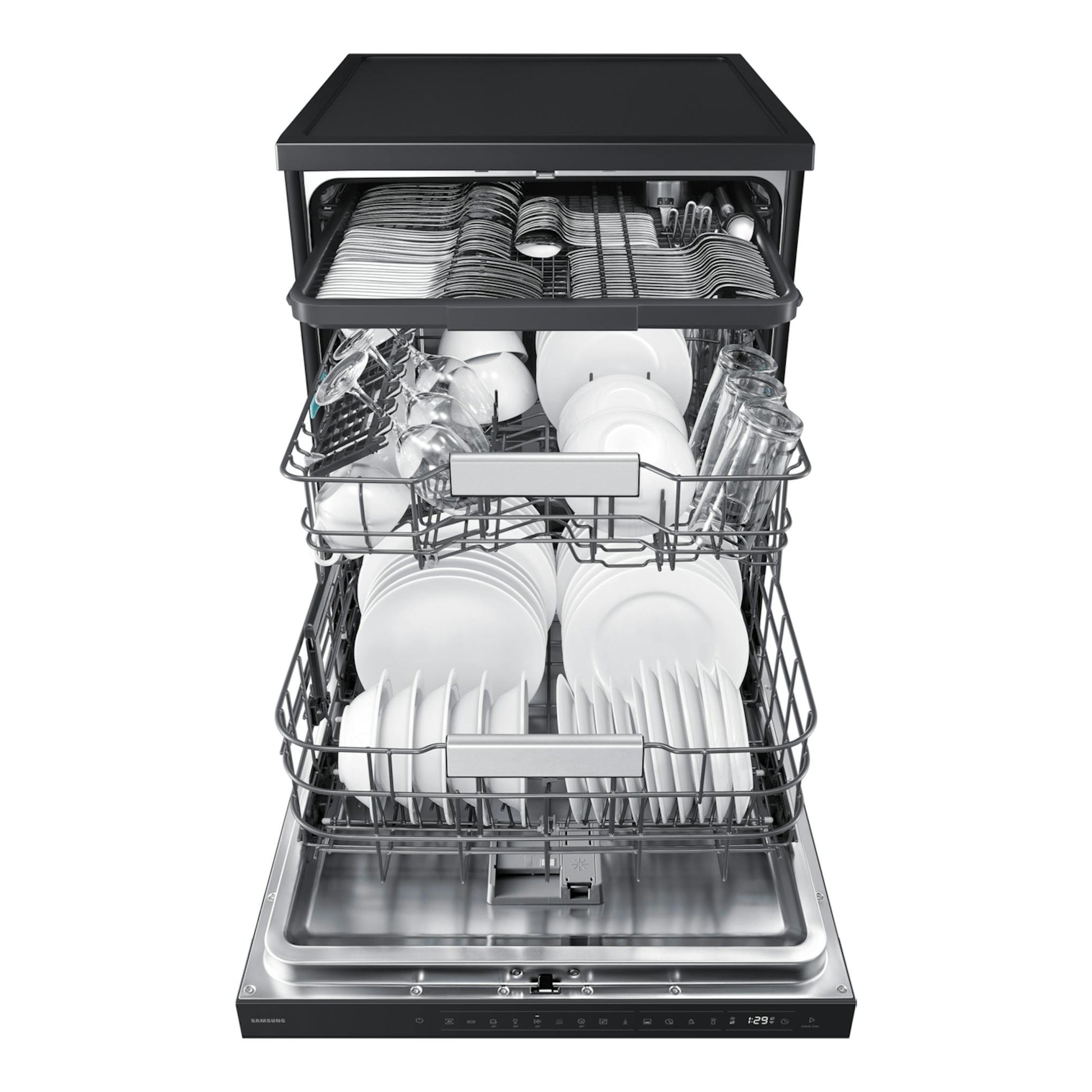 Lavavajillas Samsung DW80H73YAFFU1 negro, abierto y cargado con vajilla, vista frontal.