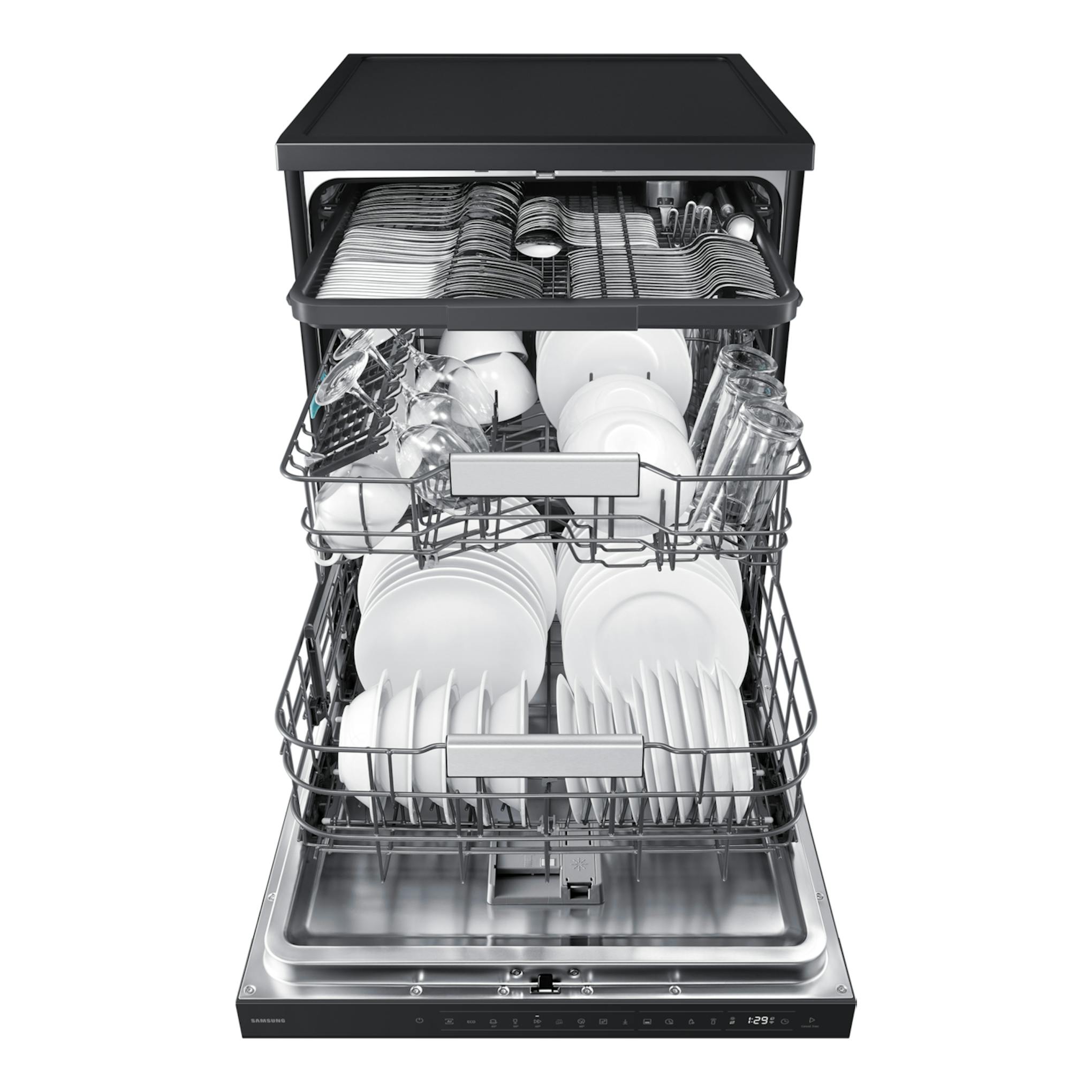 Lavavajillas Samsung DW80H73YAFFU1 negro, abierto y cargado con vajilla, vista frontal.