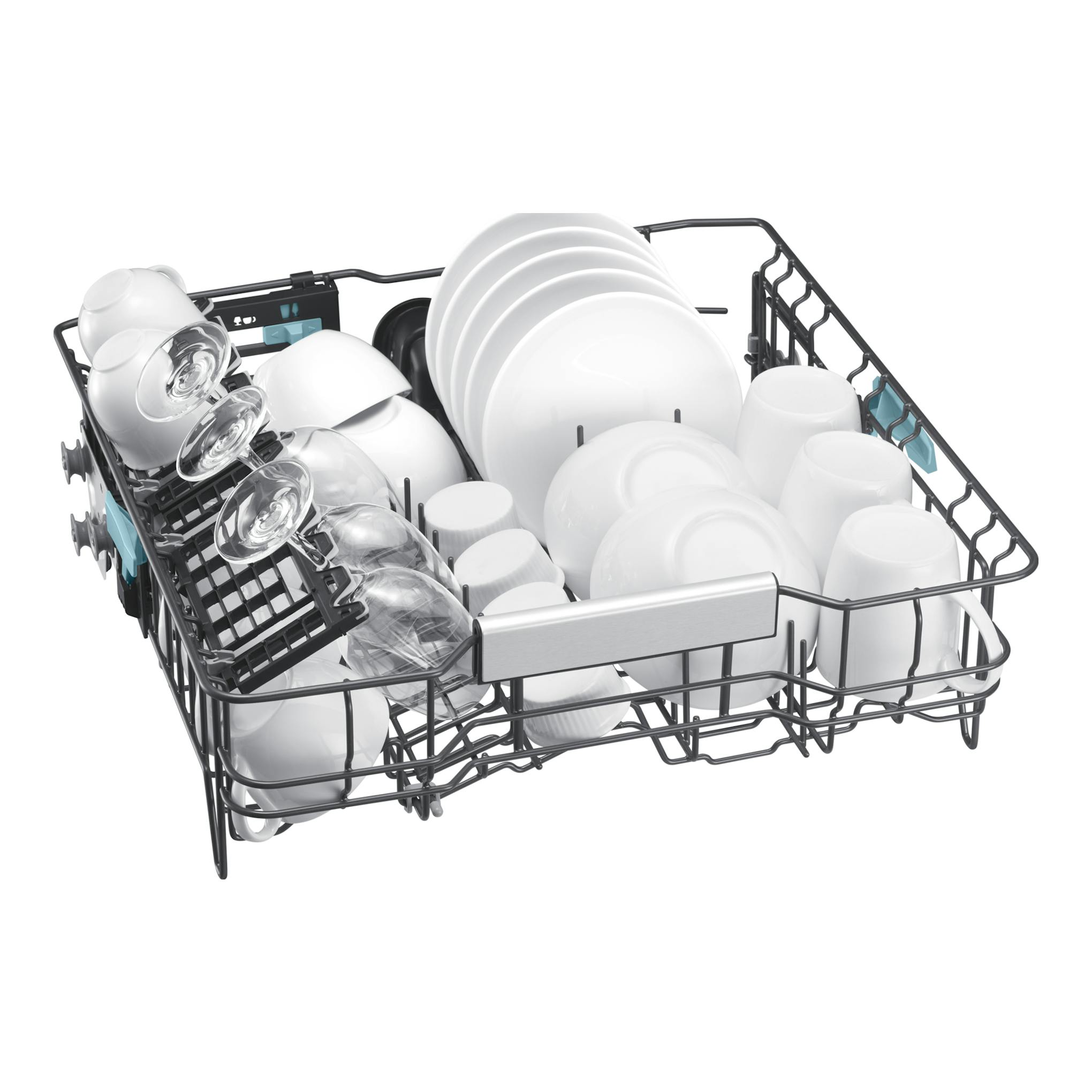 Samsung DW80H73YAFFU1: cesta de lavavajillas llena de platos y vasos, vista oblicua sobre fondo blanco.