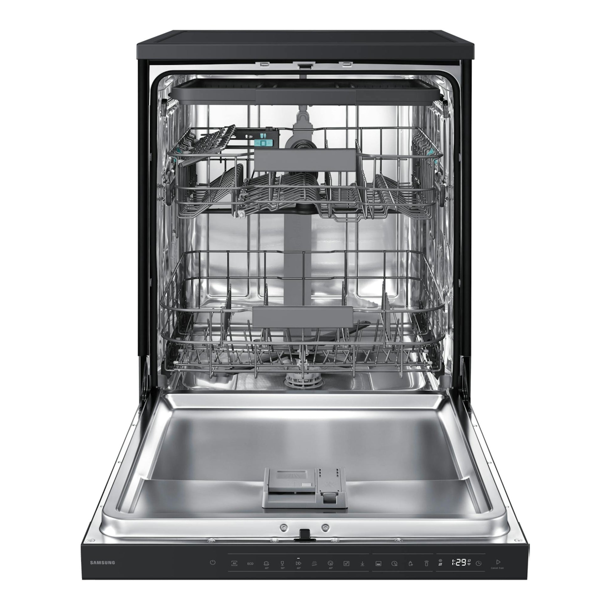 Lavavajillas Samsung DW80H73YBFFU1 negro, abierto y de frente, con cestas interiores visibles.