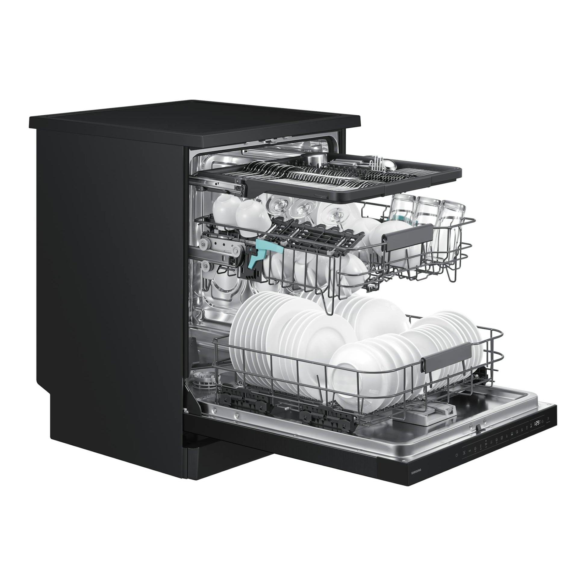 Lavavajillas Samsung DW80H73YBFFU1 negro, vista frontal izquierda, con cestas abiertas y vajilla blanca.