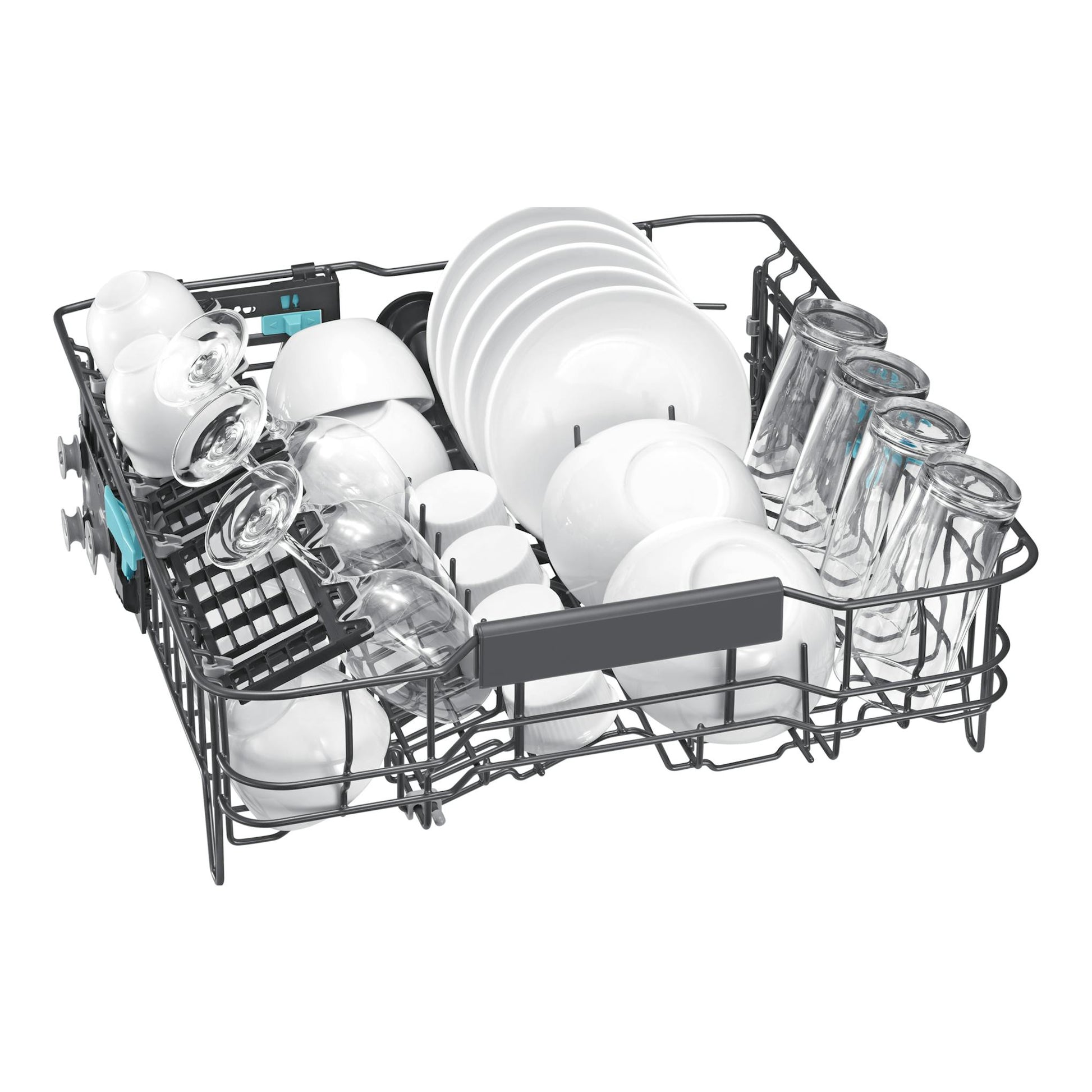 Cesta de lavavajillas Samsung DW80H73YBFFU1 con platos y vasos, vista frontal.