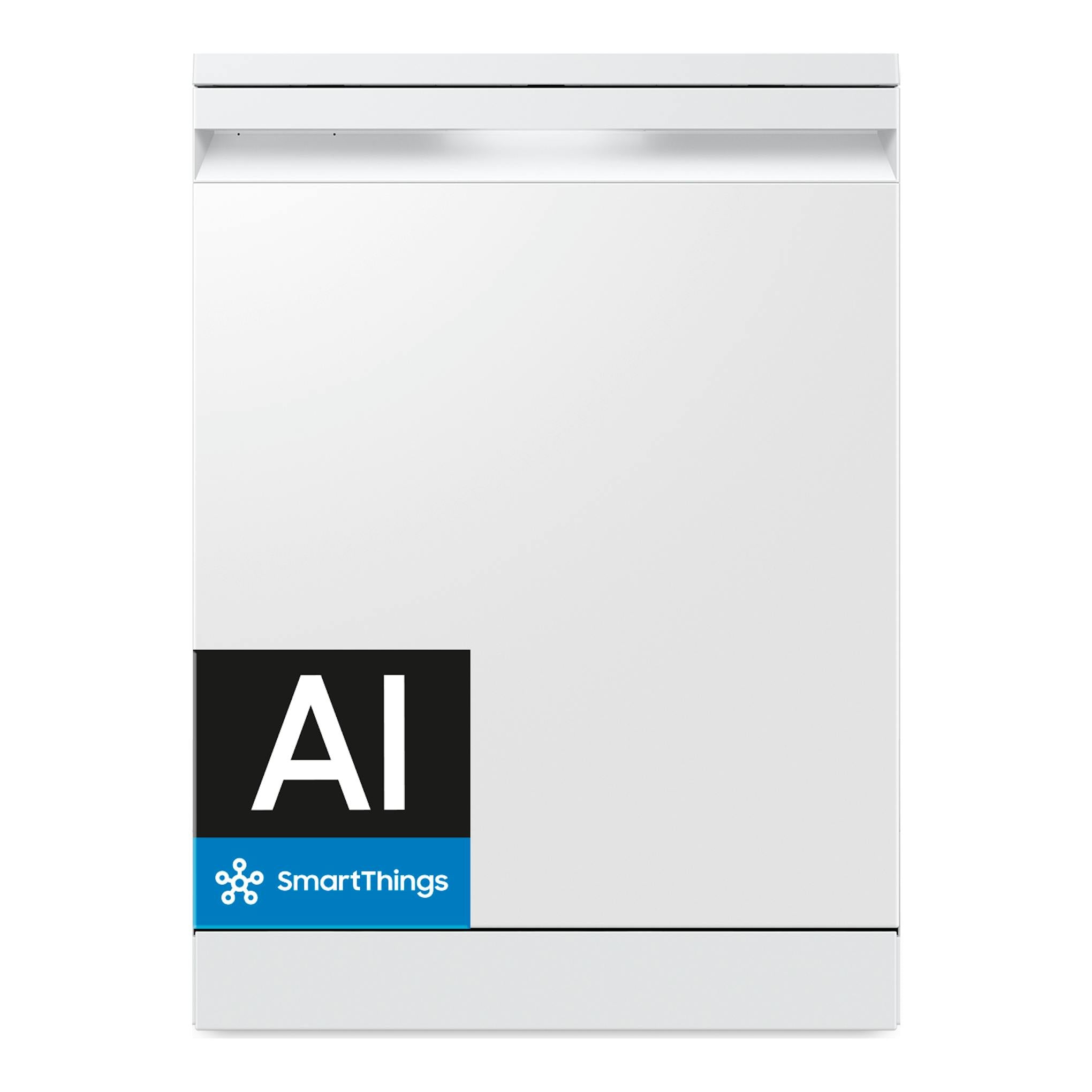 Lavavajillas Samsung DW80H73YBFZU1 blanco, vista frontal, con etiqueta AI SmartThings.