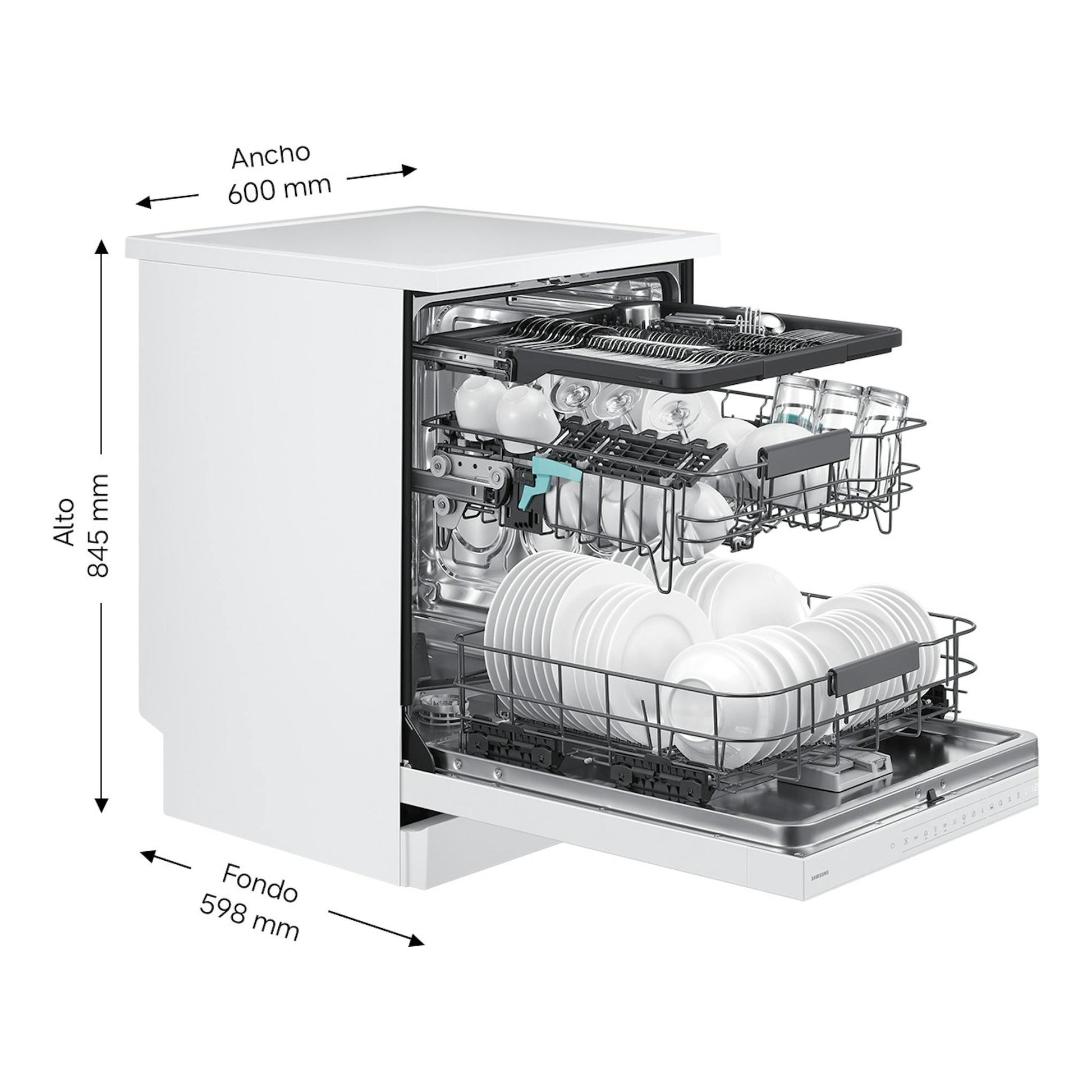 Lavavajillas Samsung DW80H73YBFZU1 blanco, vista frontal con puerta abierta y cestas extraíbles; 600 x 845 x 598 mm
