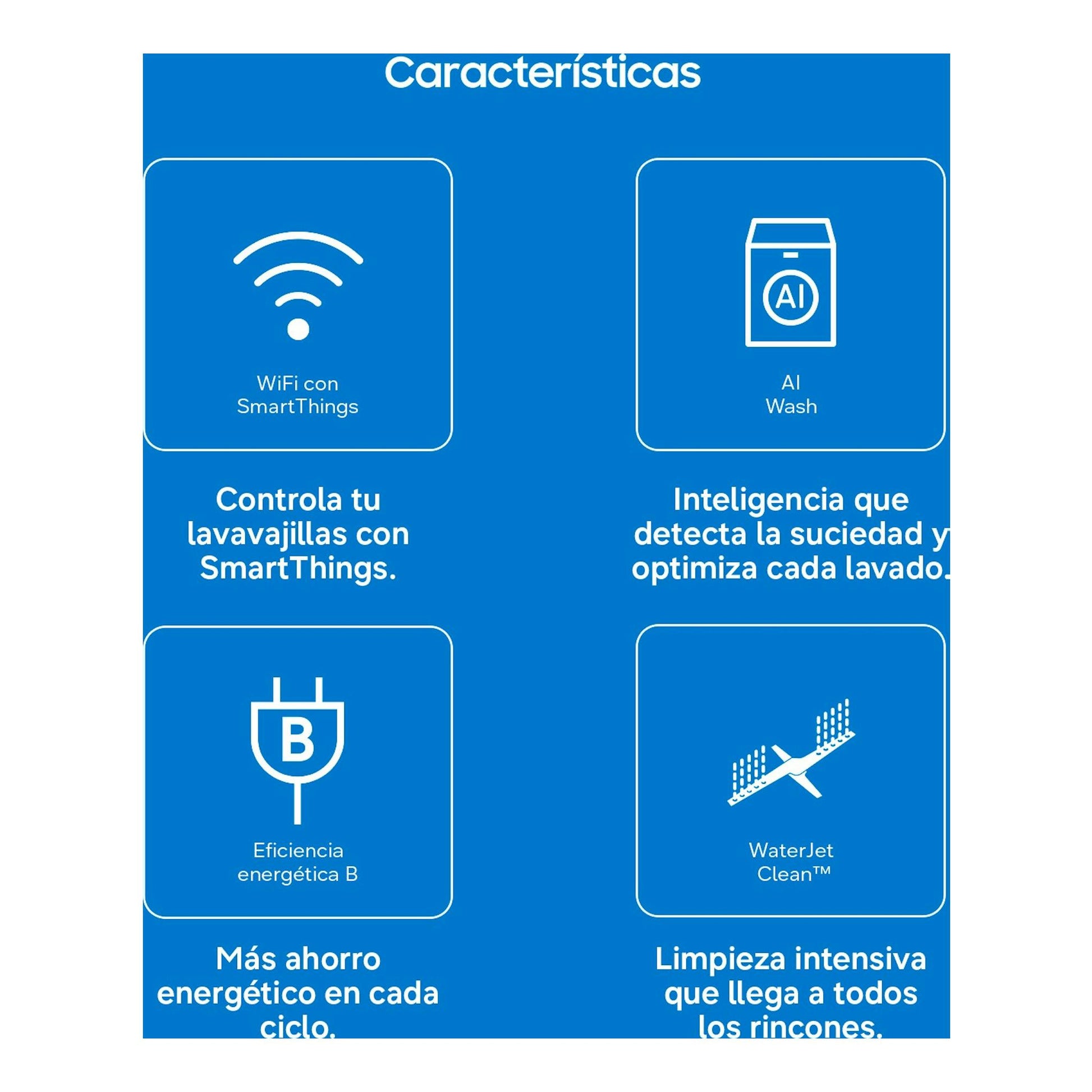 Samsung DW80H73YBFZU1: infografía azul con iconos de WiFi SmartThings, AI Wash, eficiencia B y WaterJet Clean.