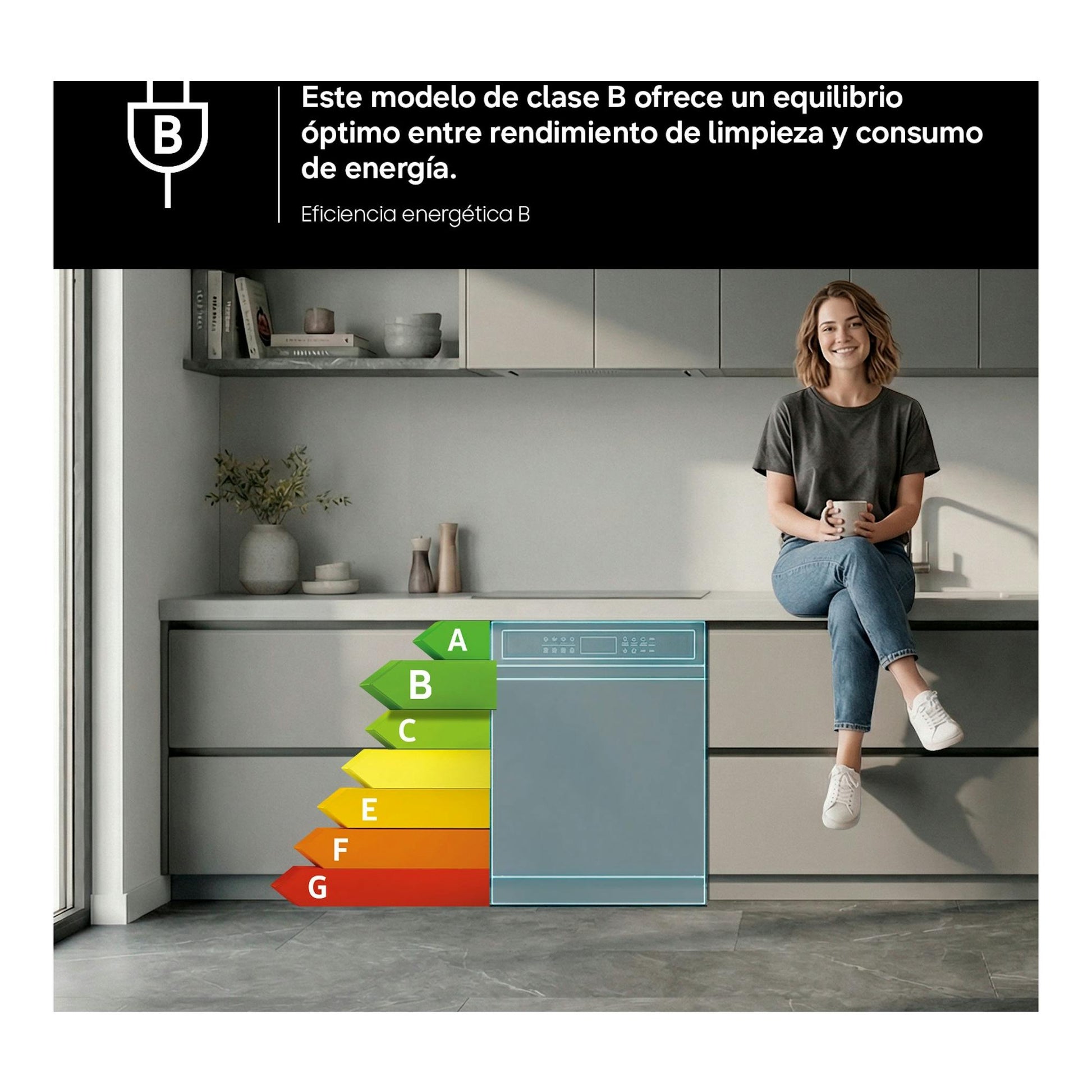 Lavavajillas Samsung DW80H73YBFZU1 en cocina gris, vista frontal, con etiqueta energética B.