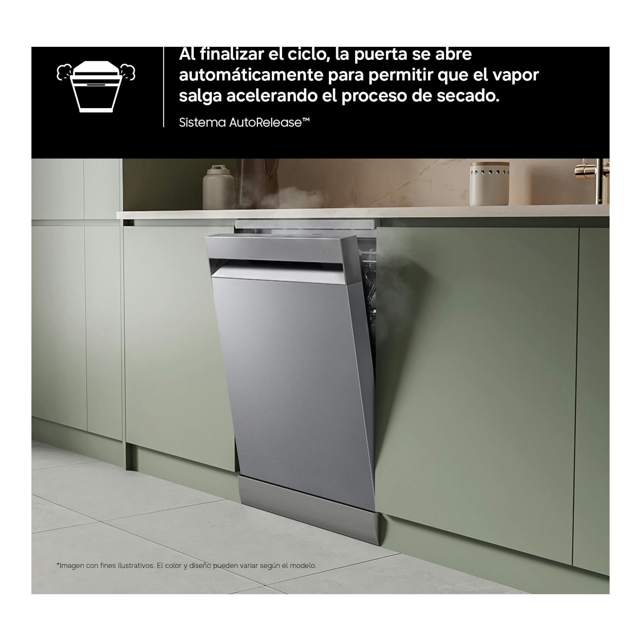 Lavavajillas Samsung DW80H73YBFZU1 gris, visto de frente, con la puerta abierta parcialmente entre muebles de cocina.