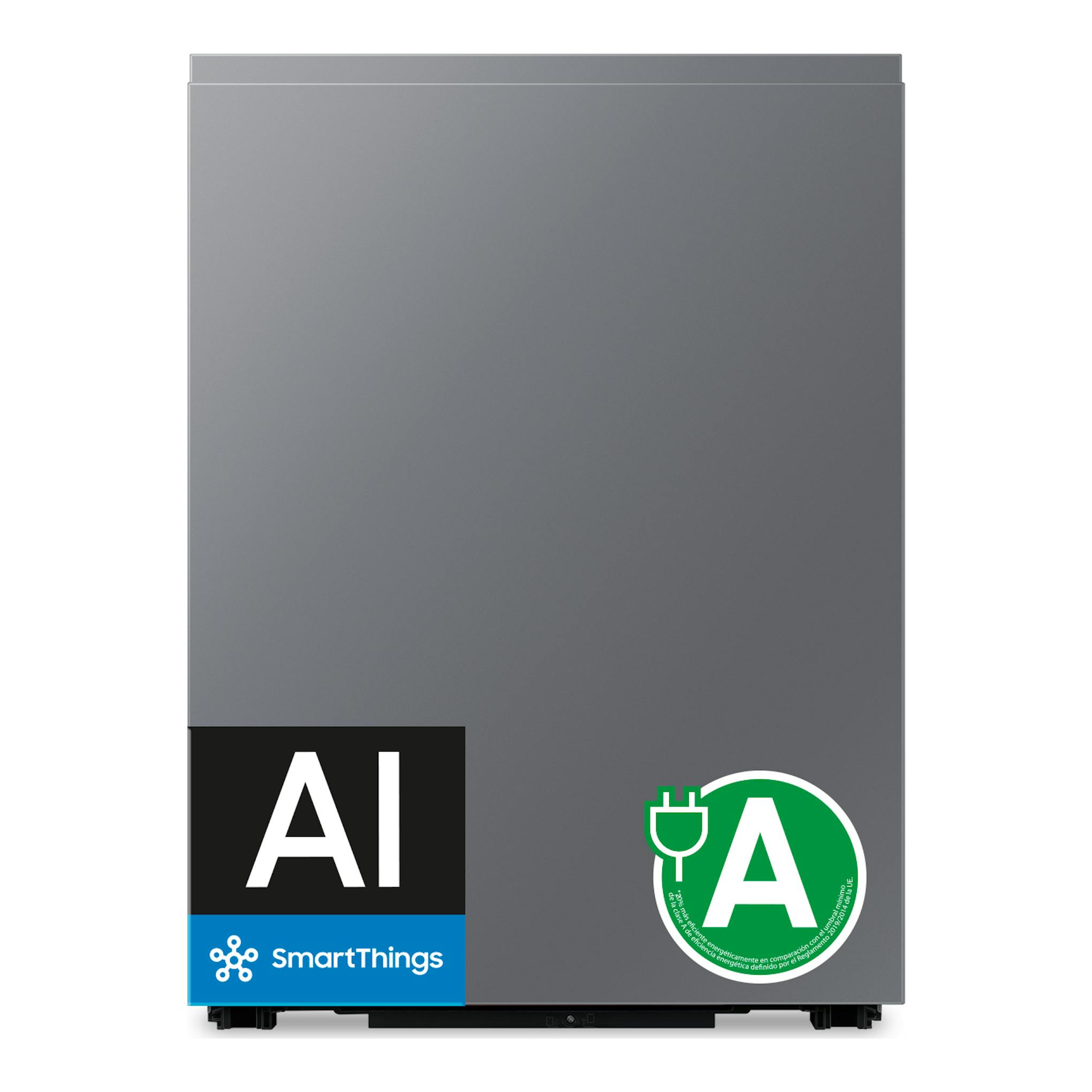 Lavavajillas integrable Samsung DW80H77JAI0U1, vista frontal, acabado gris, con etiquetas de eficiencia y SmartThings.