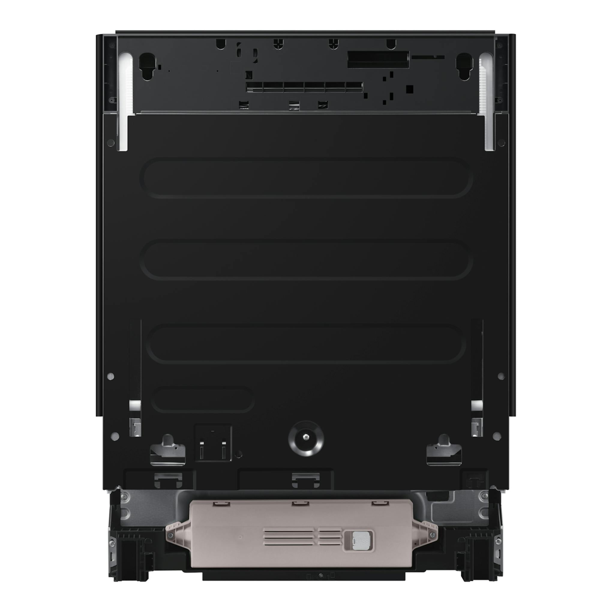 Vista trasera del lavavajillas Samsung DW80H77JAI0U1, panel negro con base gris.