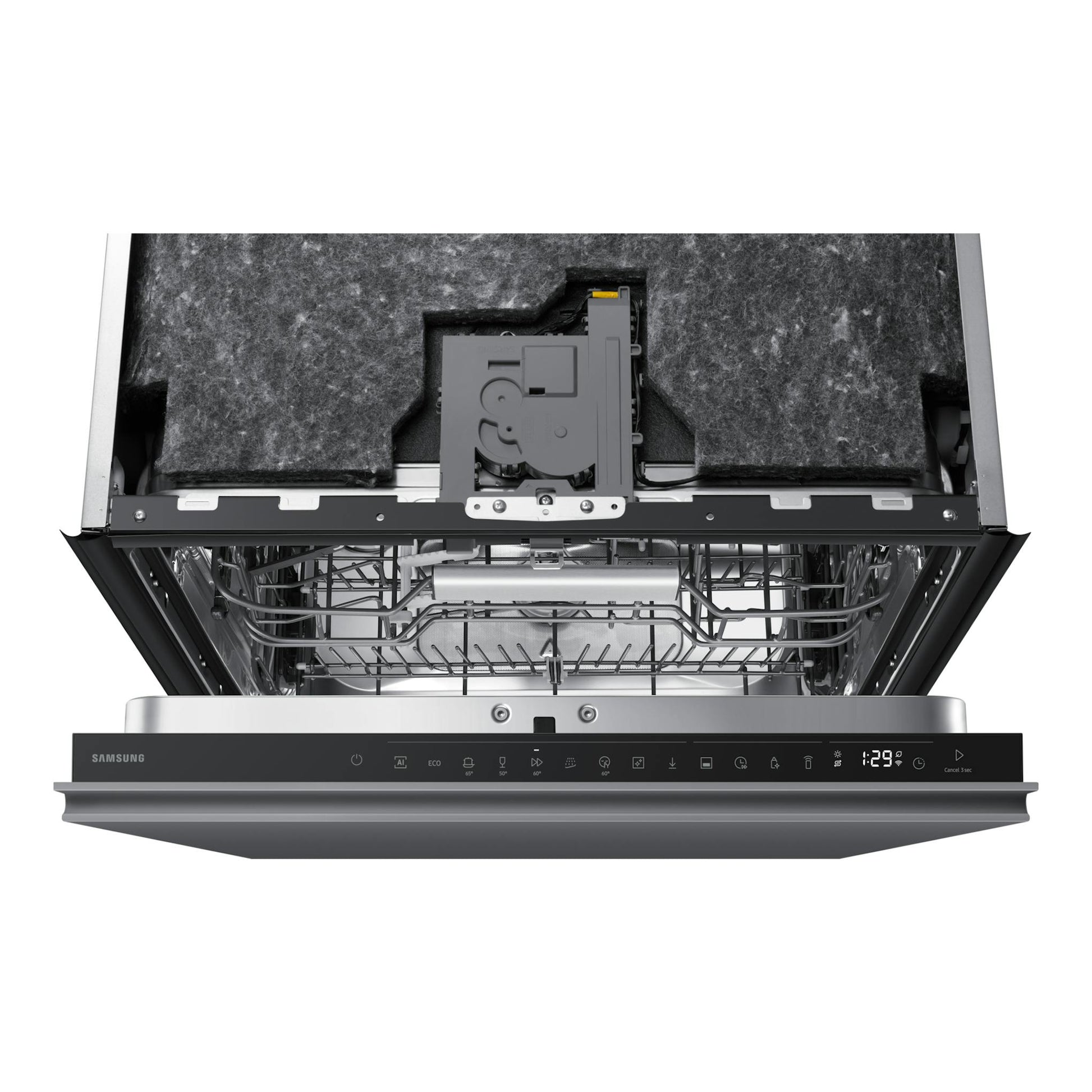 Lavavajillas integrable Samsung DW80H77JAI0U1, vista frontal con puerta abierta y panel negro visible.