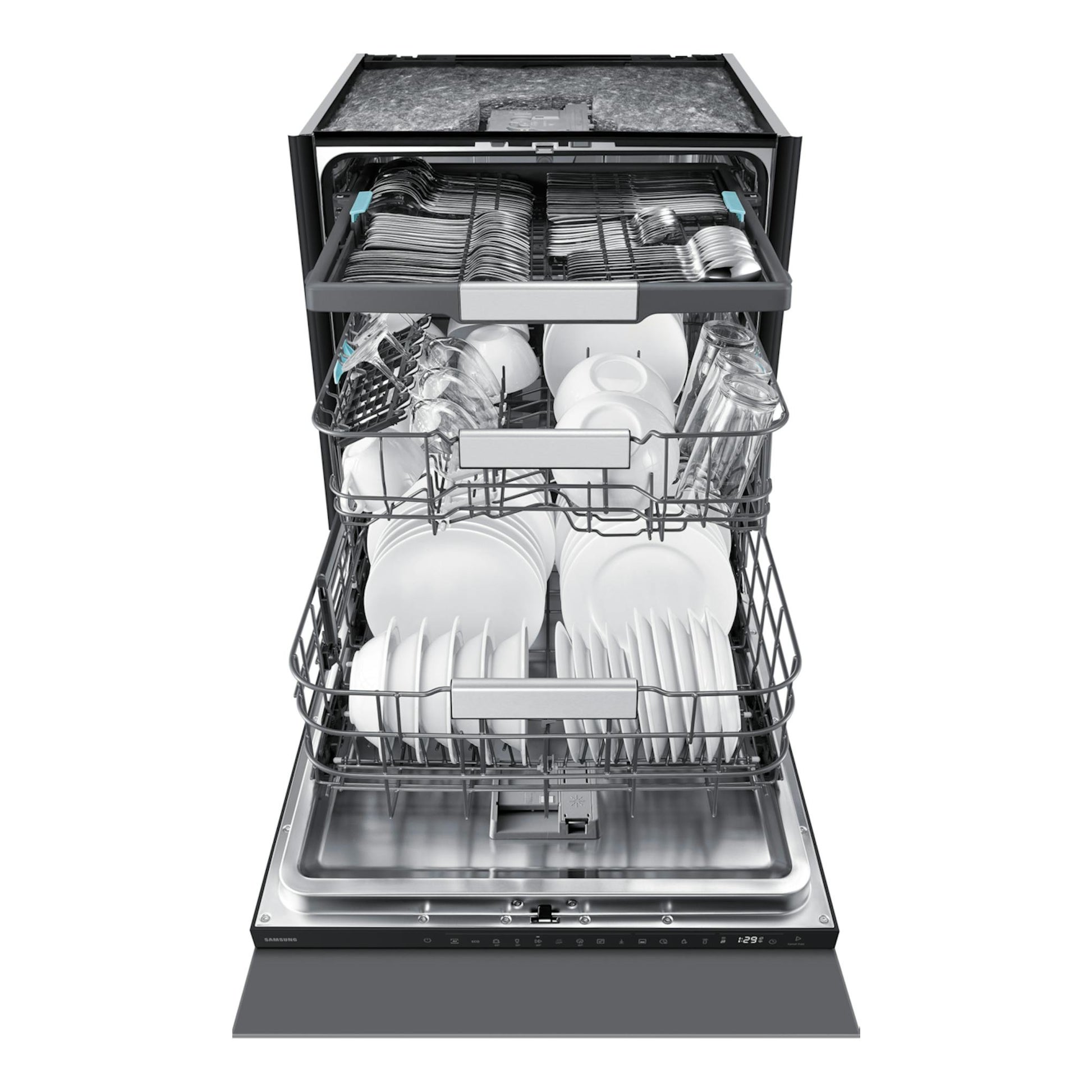 Lavavajillas integrable Samsung DW80H77JAI0U1 abierto, vista frontal, con tres cestas y vajilla blanca y vasos.