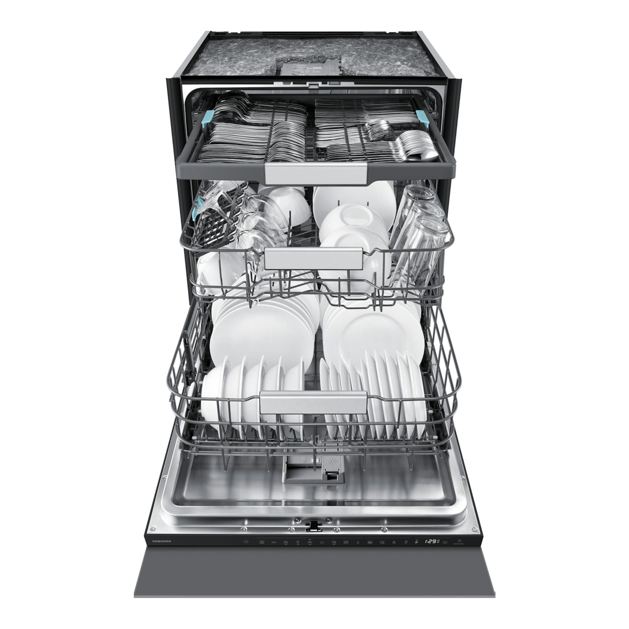 Lavavajillas integrable Samsung DW80H77JAI0U1 abierto, vista frontal, con tres cestas y vajilla blanca y vasos.