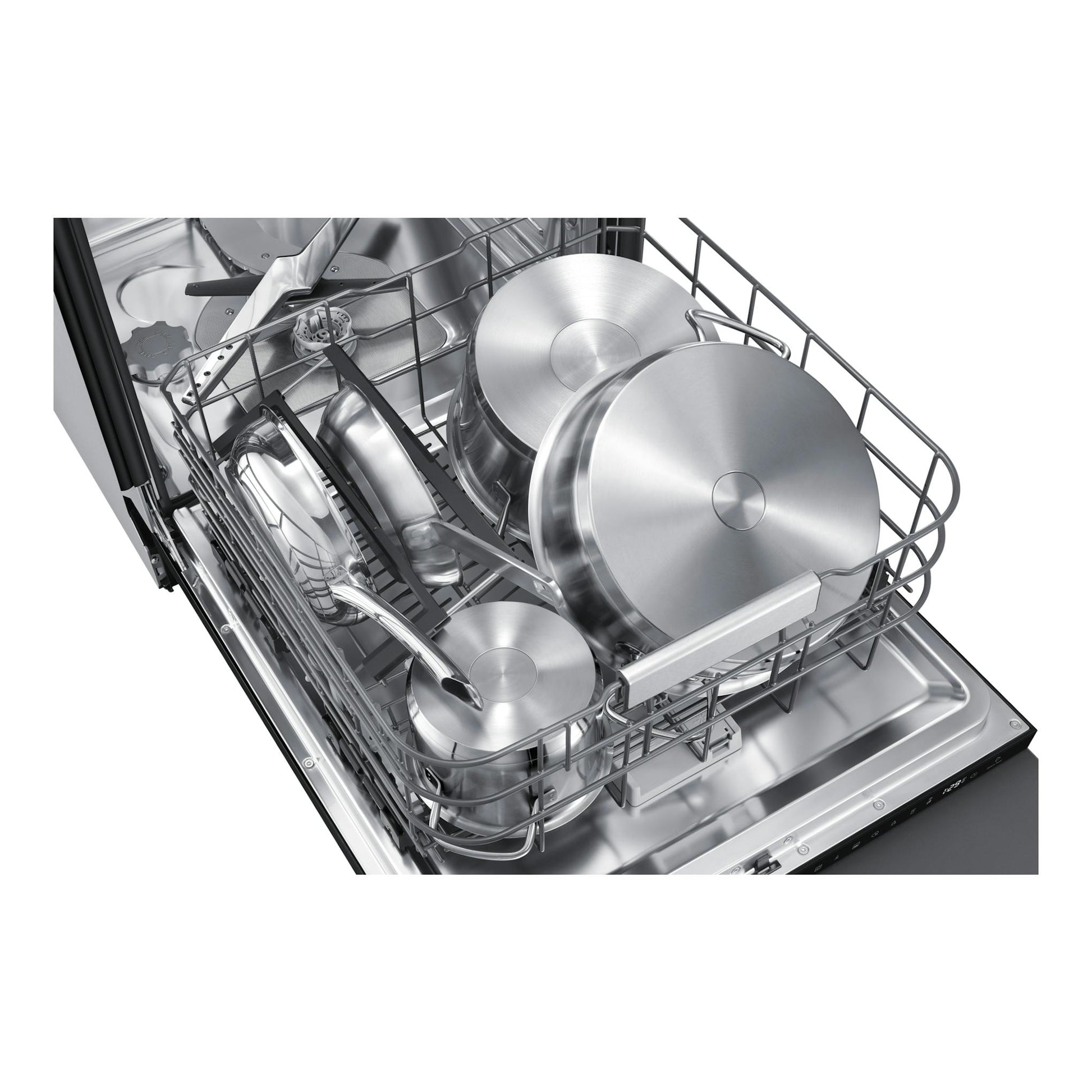 Lavavajillas Samsung DW80H77JAI0U1, vista interior en acero inoxidable con ollas y sartenes en los cestos.