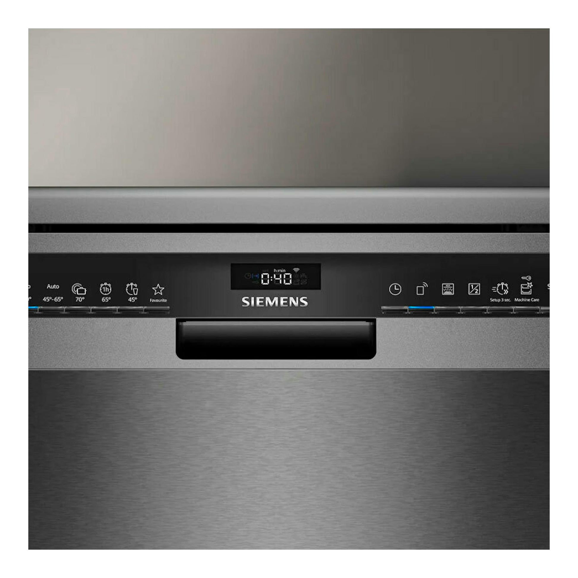 Lavavajillas Siemens SN23EC03ME de acero inoxidable, vista frontal con panel digital negro.