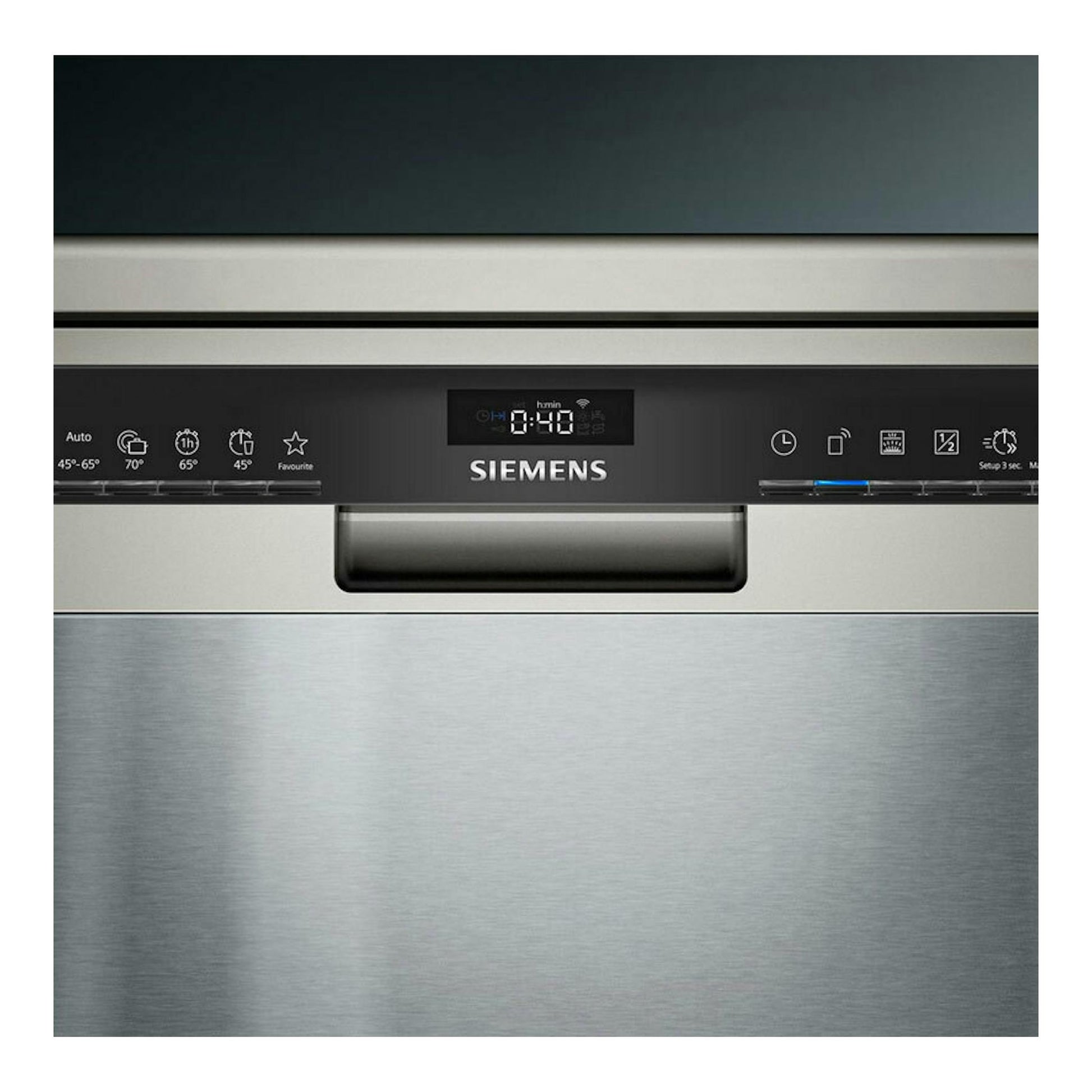 Lavavajillas Siemens SN23EI03ME, frontal, acero inoxidable, panel de control digital.