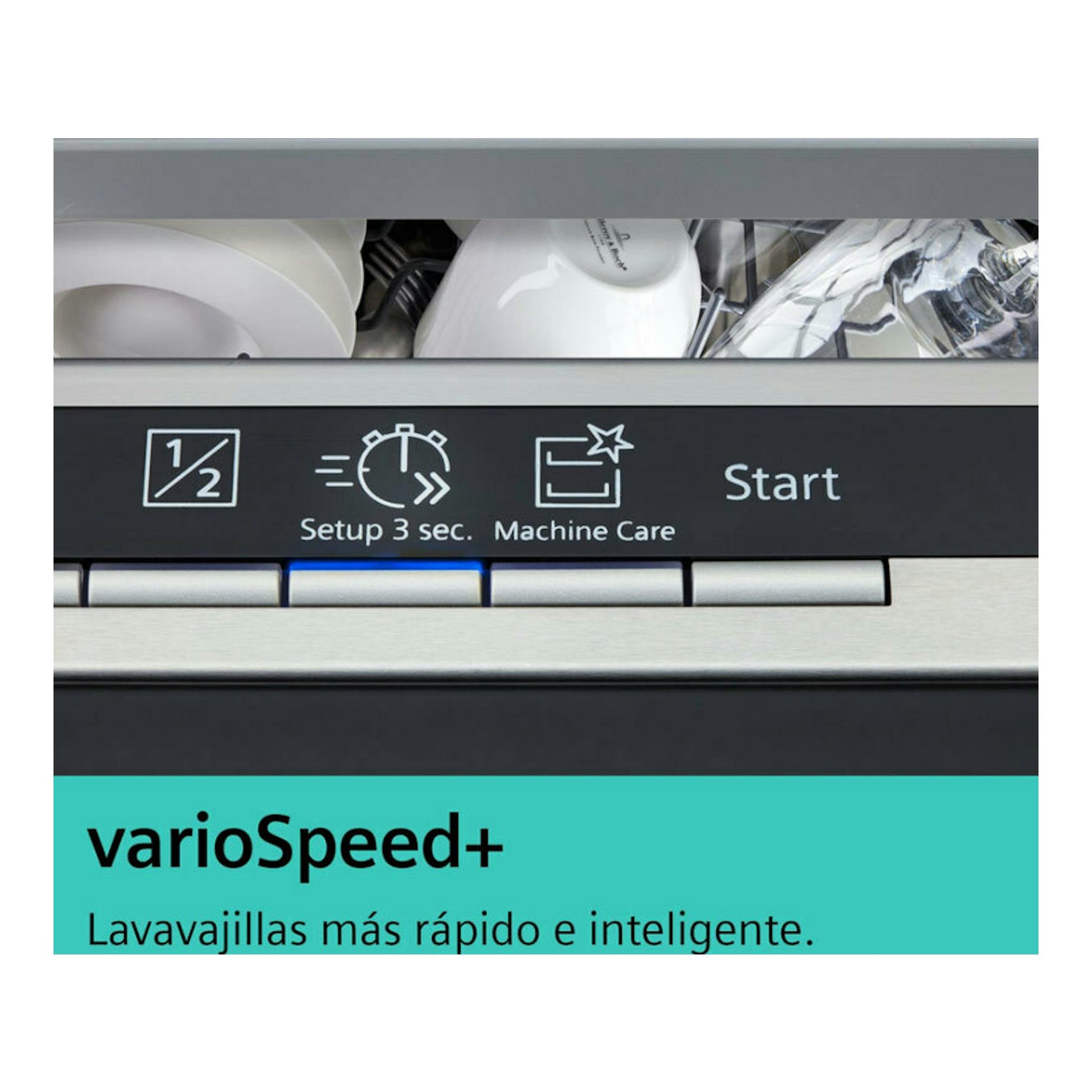 Lavavajillas Siemens SN23EI03ME, vista frontal parcial del panel de control con botones Start y Machine Care.