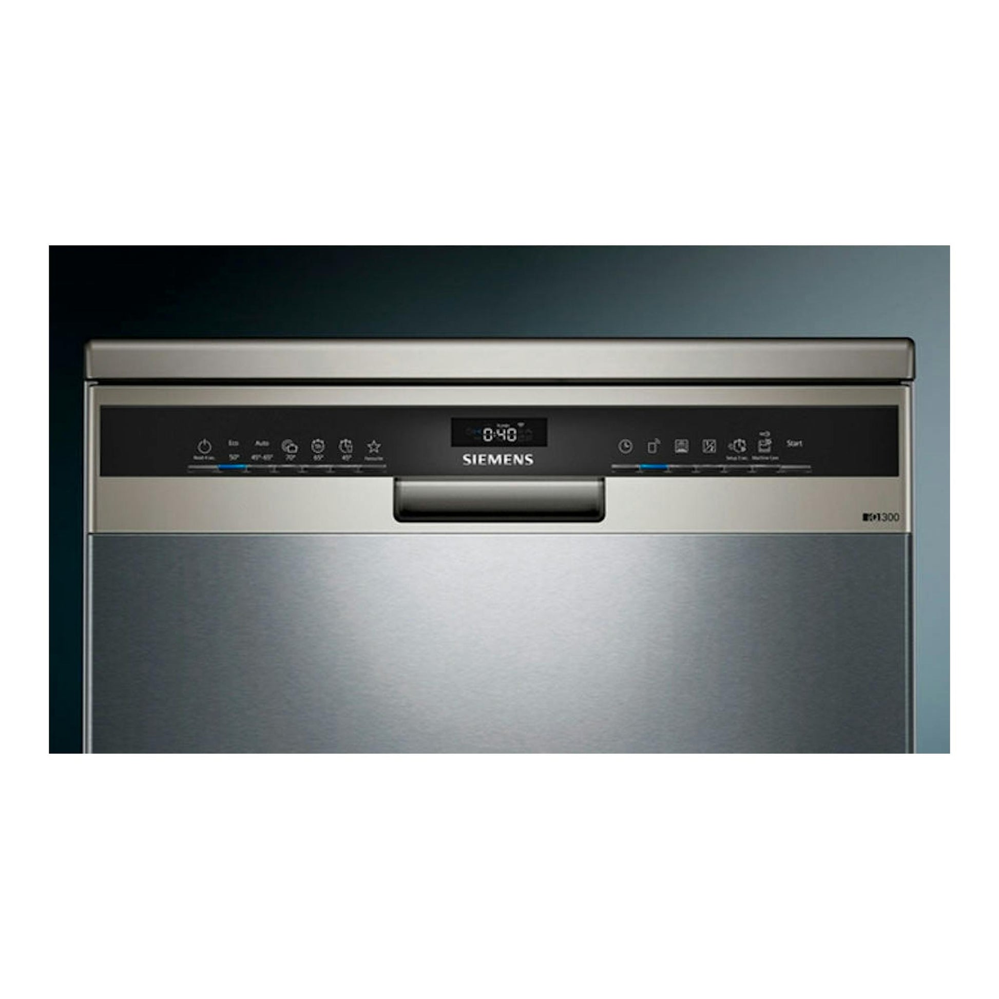 Lavavajillas Siemens SN23EI14AE de acero inoxidable, vista frontal, panel superior negro y display central.