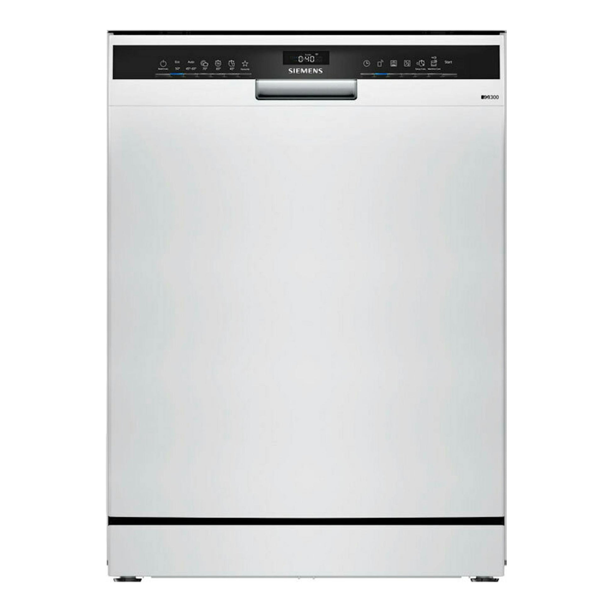 Lavavajillas Siemens SN23EW03KE de 60 cm, vista frontal, color blanco, con panel superior negro.