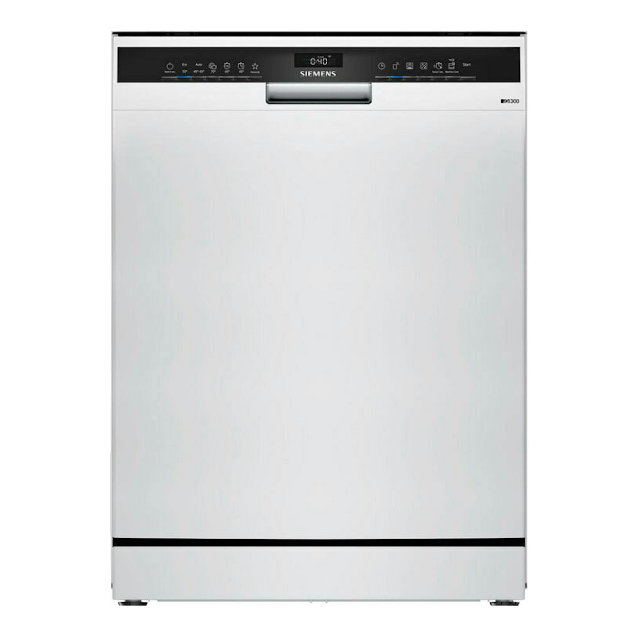 Lavavajillas Siemens SN23EW03KE de 60 cm, vista frontal, color blanco, con panel superior negro.