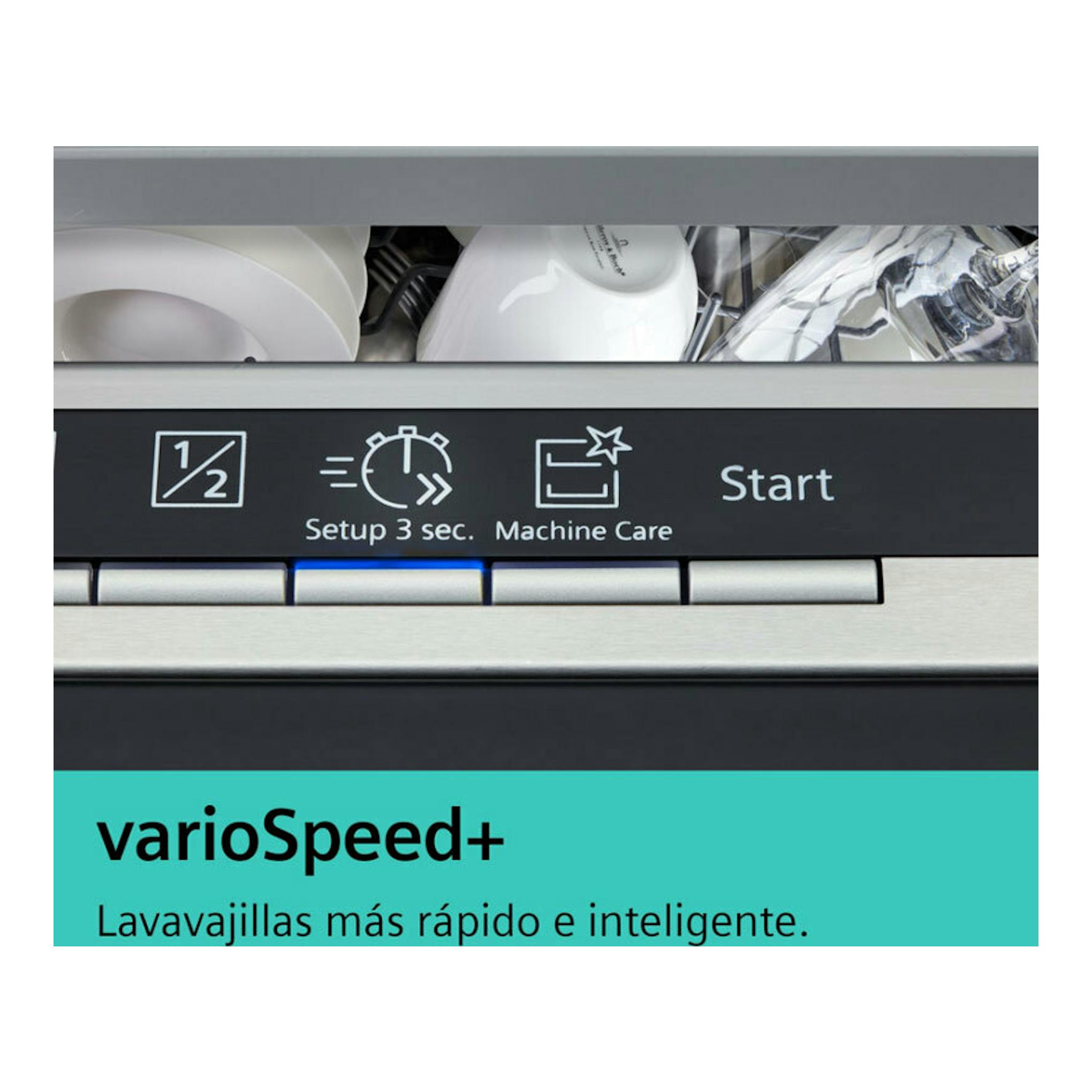 Lavavajillas Siemens SN23EW03KE, primer plano del panel negro con iconos varioSpeed+, Start y Machine Care.