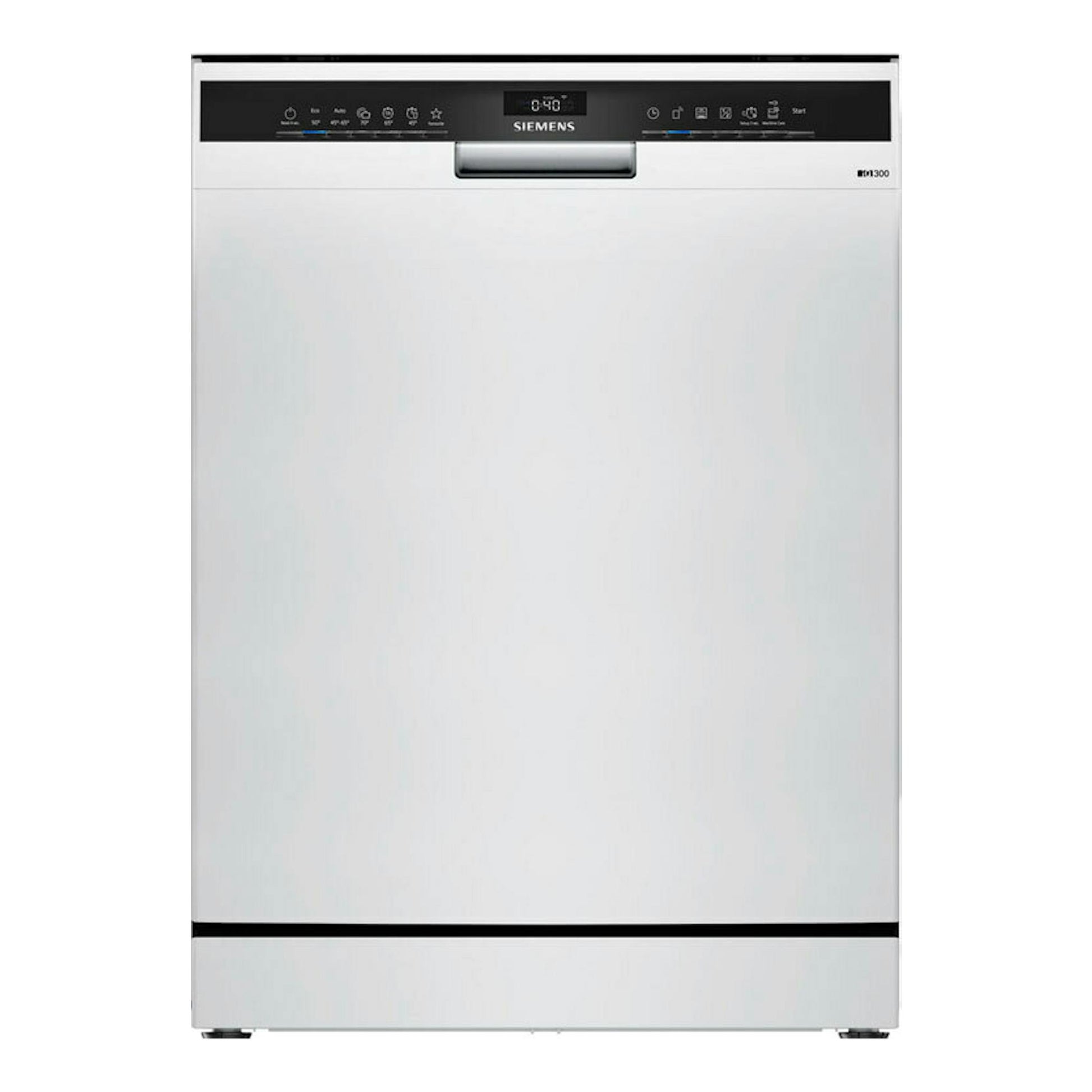 Lavavajillas Siemens SN23EW03ME blanco, vista frontal, panel superior negro y pantalla digital.