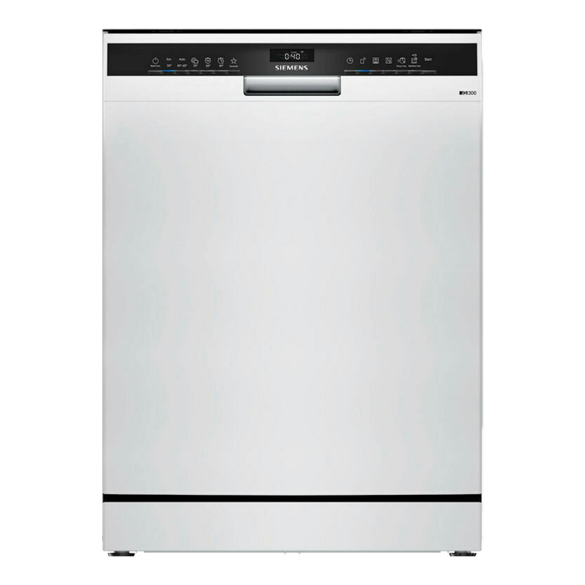 Lavavajillas Siemens SN23EW03ME blanco, vista frontal, panel superior negro y pantalla digital.