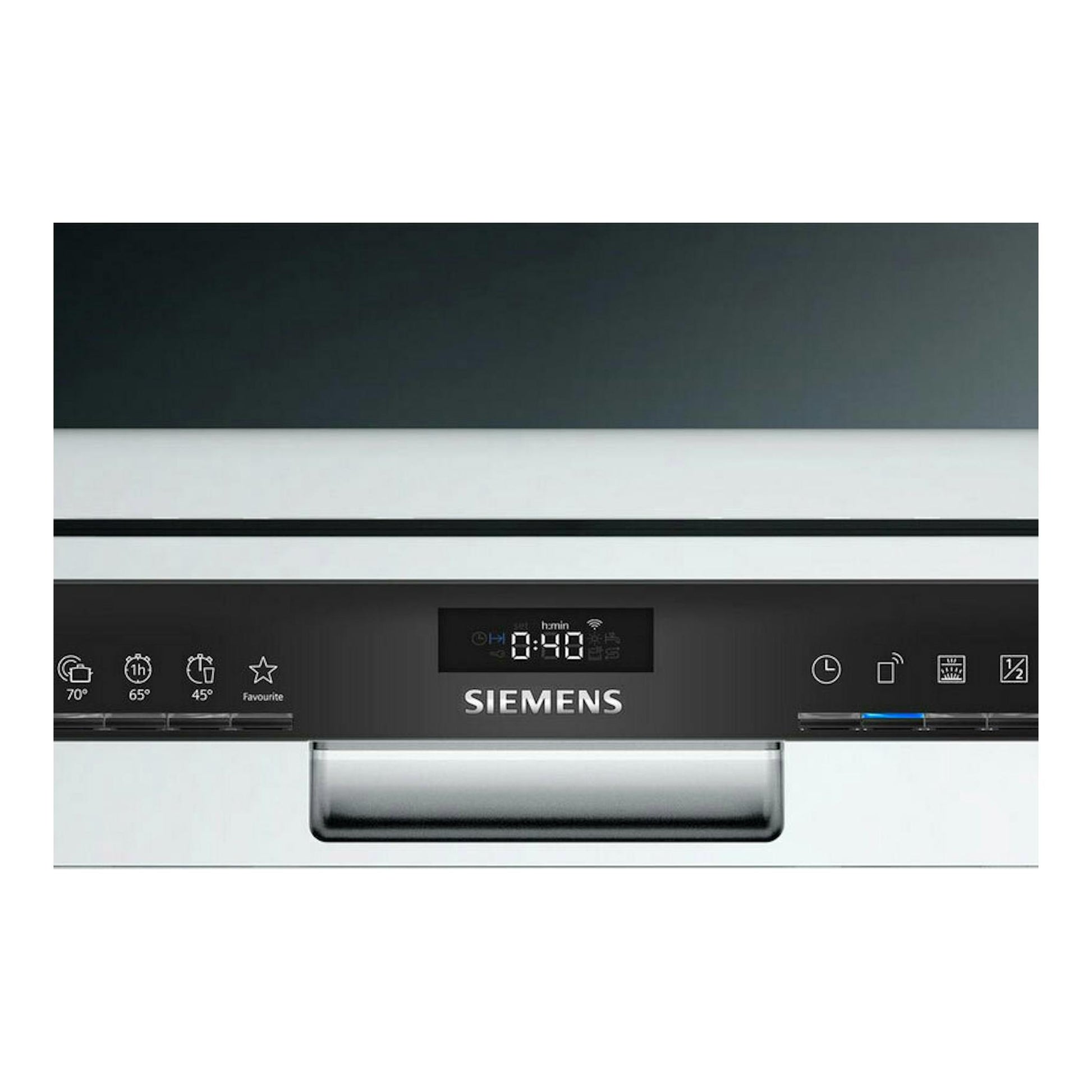 Lavavajillas Siemens SN23EW03ME blanco, vista frontal con panel negro y display digital.