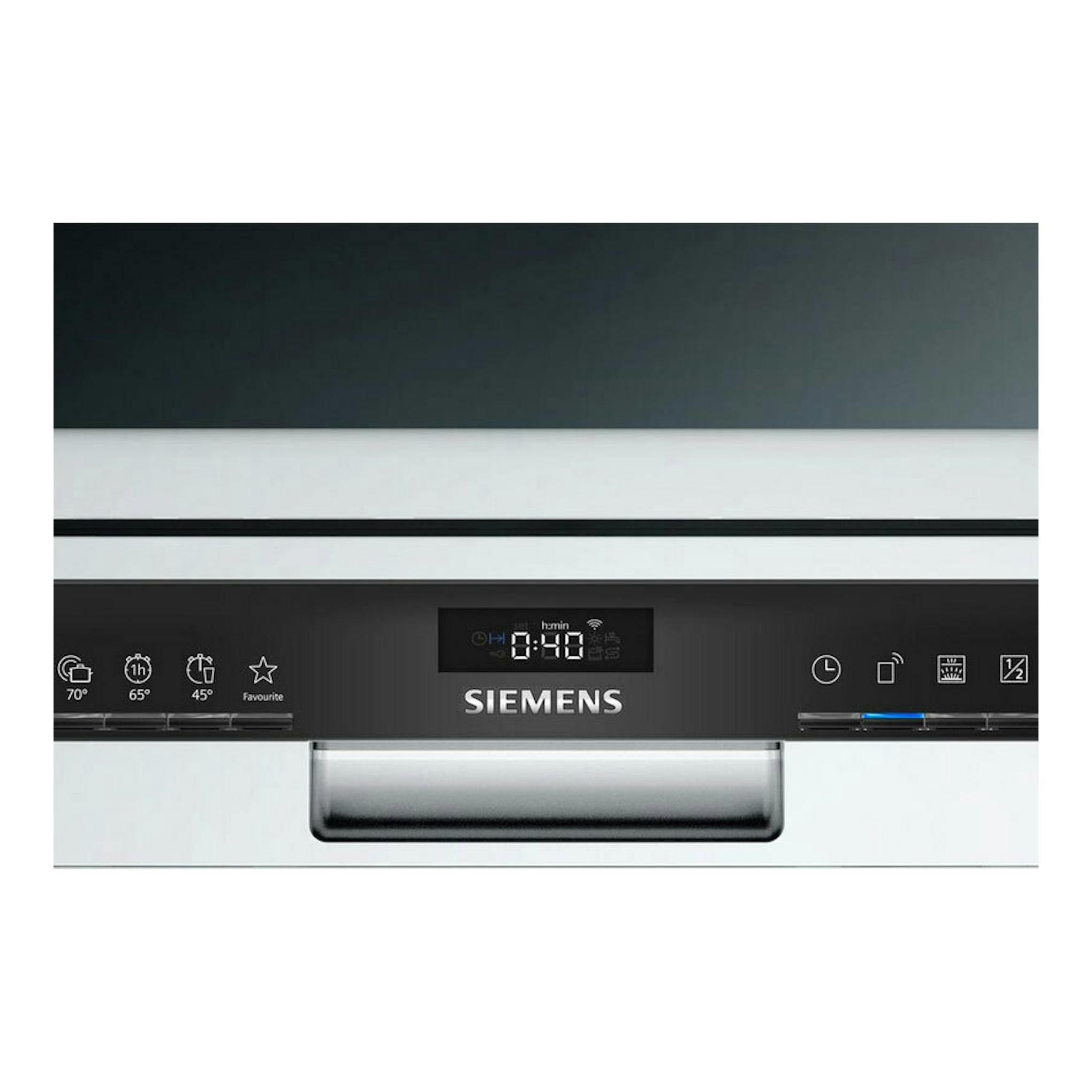 Lavavajillas Siemens SN23EW03ME blanco, vista frontal con panel negro y display digital.