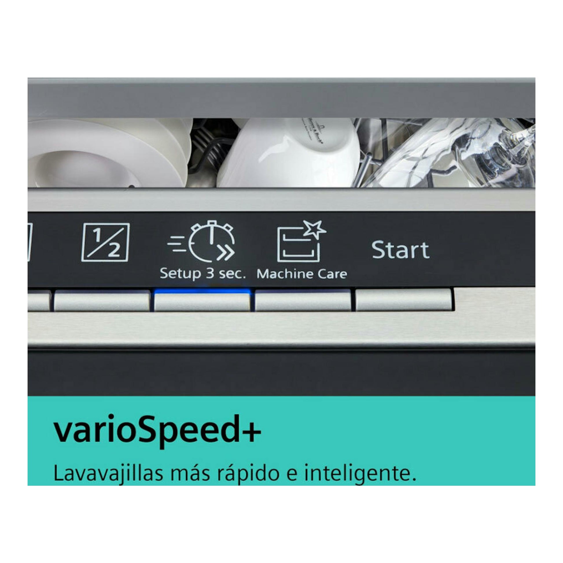 Lavavajillas Siemens SN23EW03ME, vista frontal parcial con panel negro y acero inoxidable, botones Start y varioSpeed+.