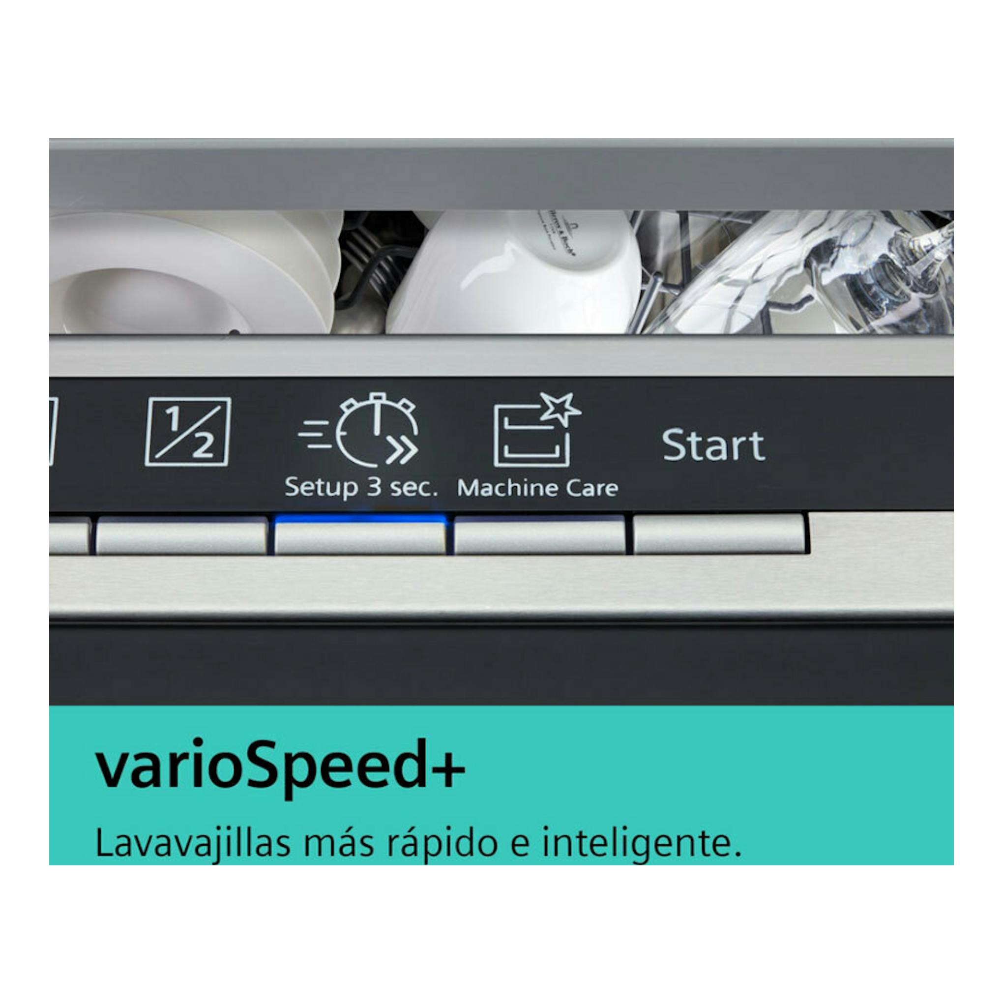 Lavavajillas Siemens SN23EW03ME, vista frontal parcial con panel negro y acero inoxidable, botones Start y varioSpeed+.
