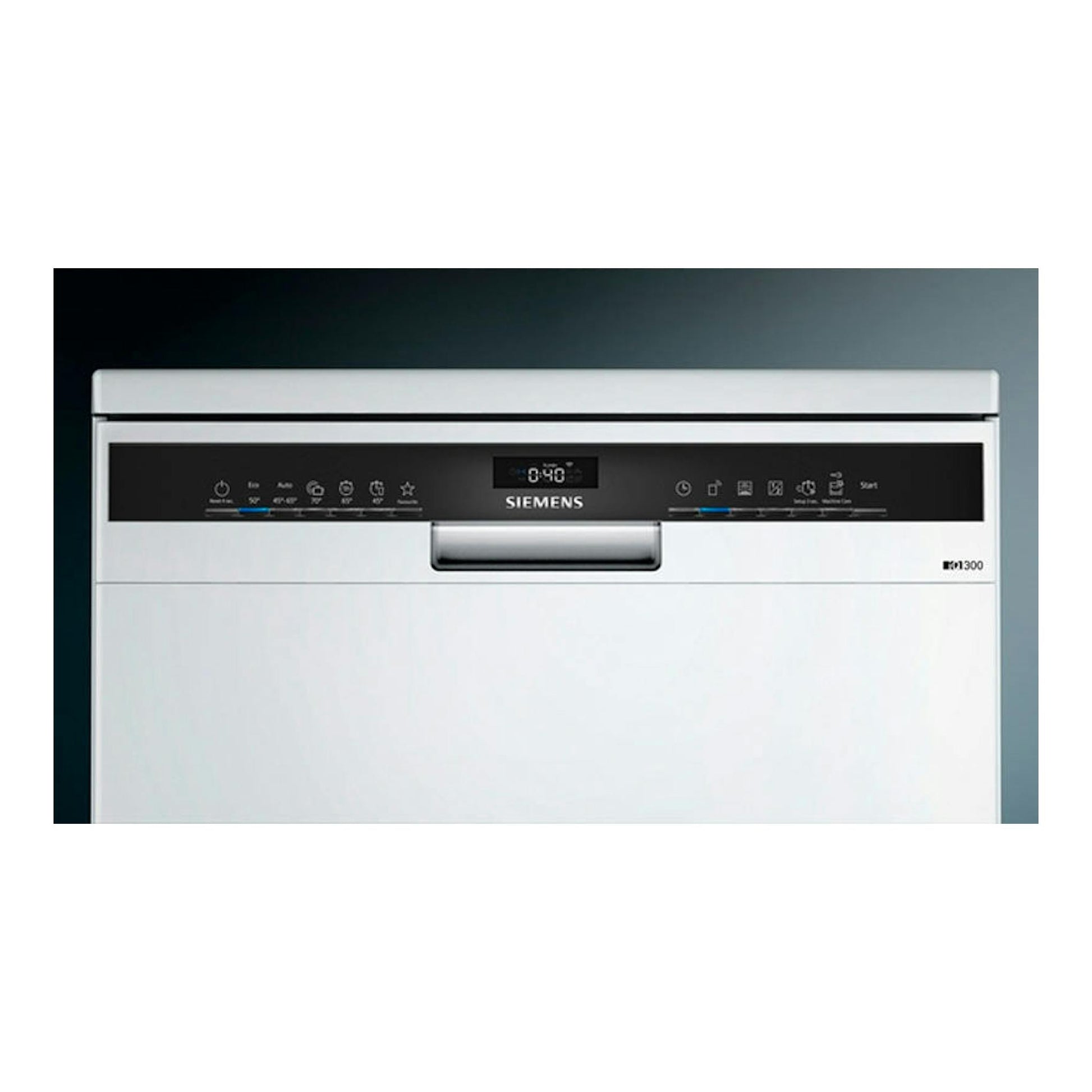 Lavavajillas Siemens SN23EW14AE blanco, vista frontal, con panel negro y pantalla central.