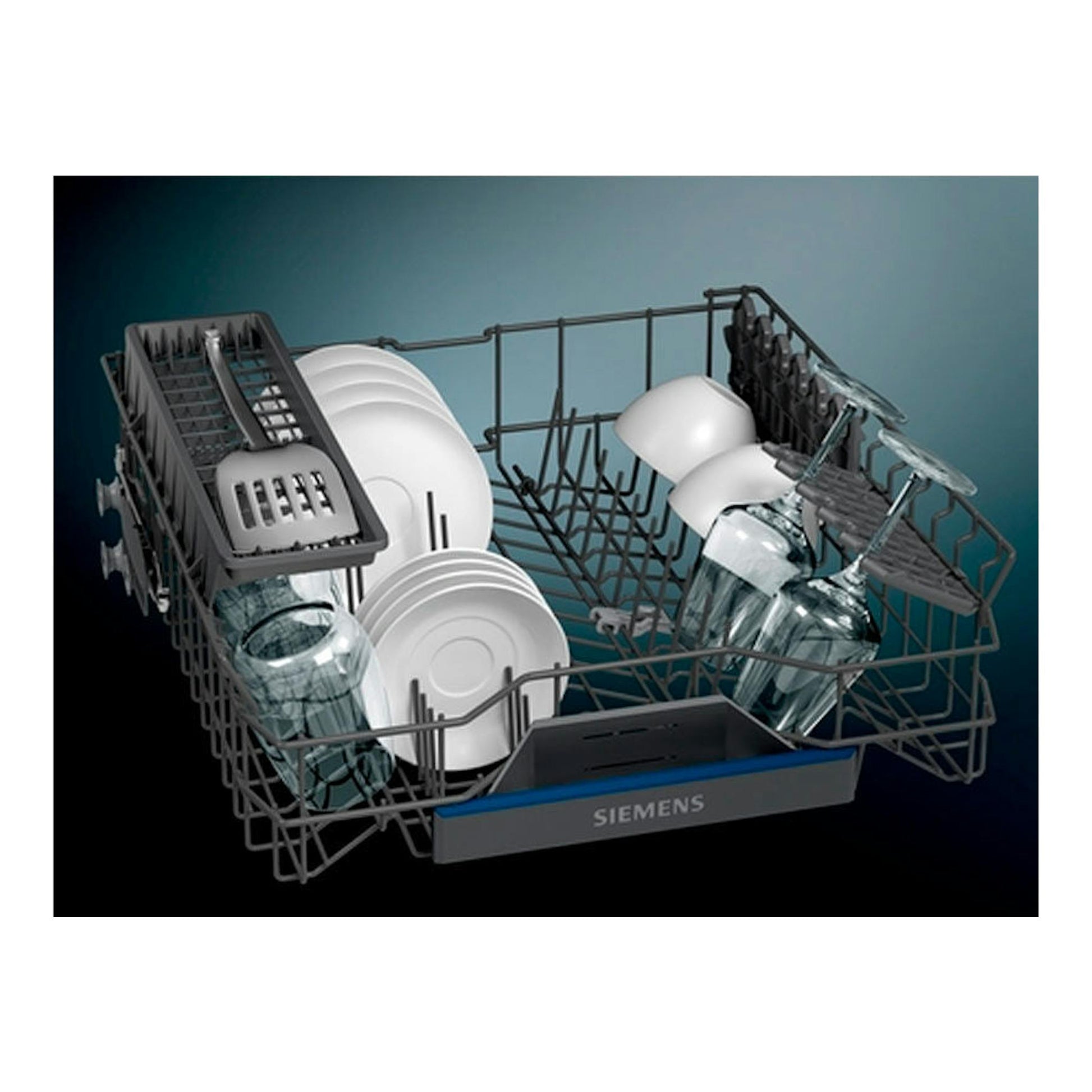 Cesta de lavavajillas Siemens SN23EW14AE en gris, con platos, vasos y tazas, vista en perspectiva.