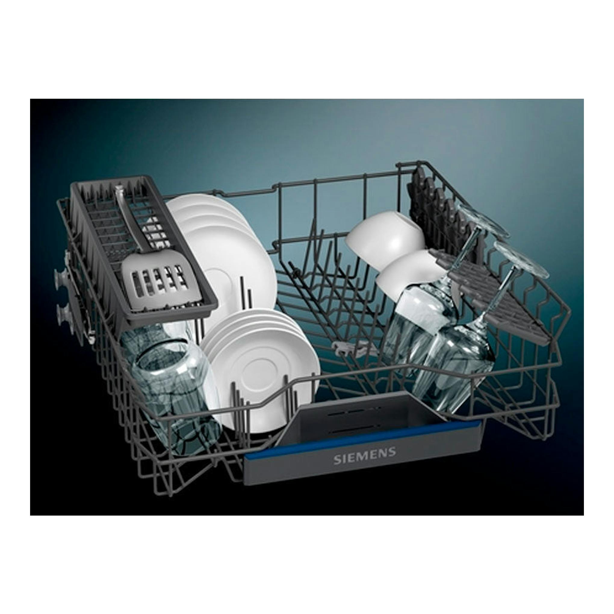 Cesta de lavavajillas Siemens SN23EW14AE en gris, con platos, vasos y tazas, vista en perspectiva.