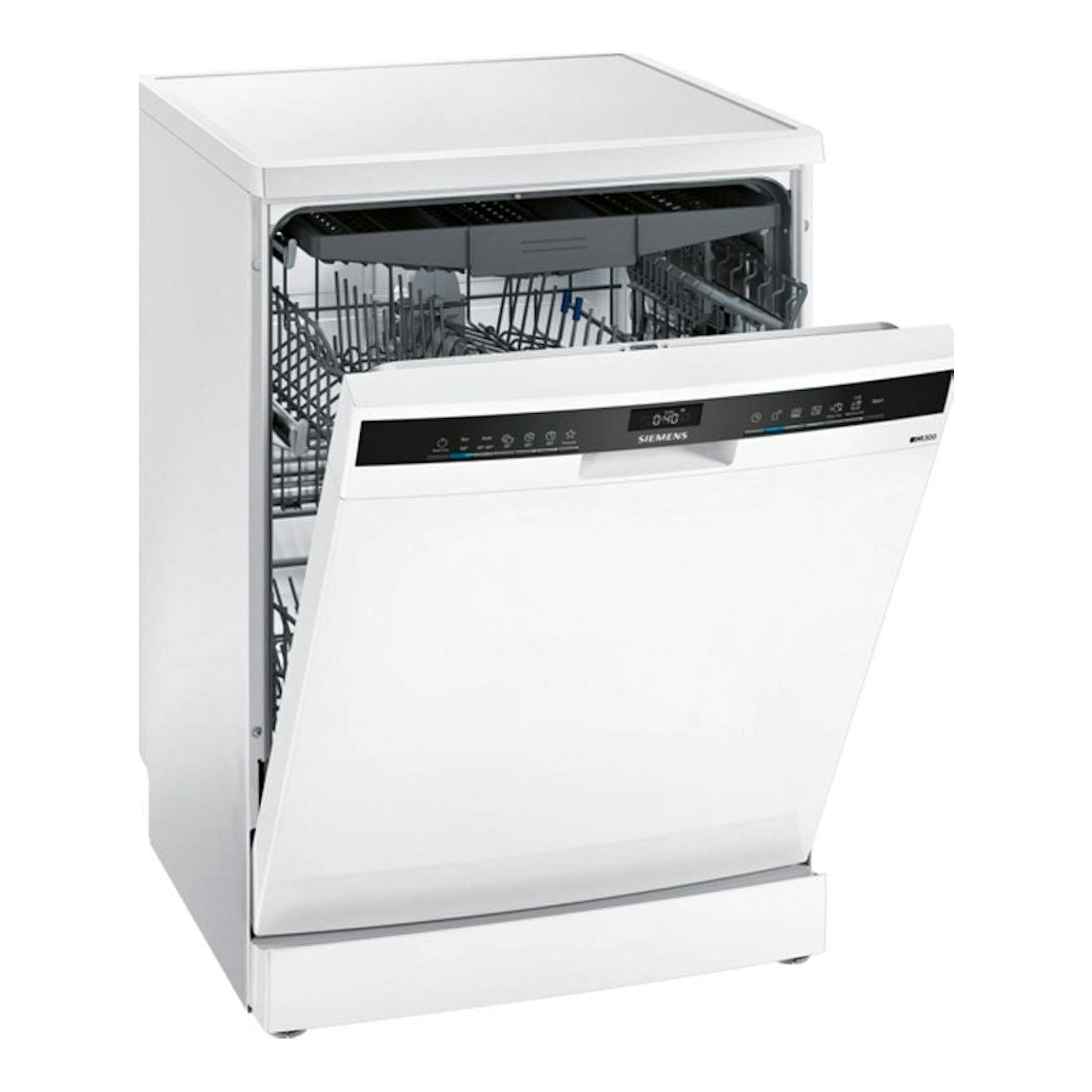 Lavavajillas Siemens SN23EW14CE blanco, vista frontal en tres cuartos, con la puerta abierta.