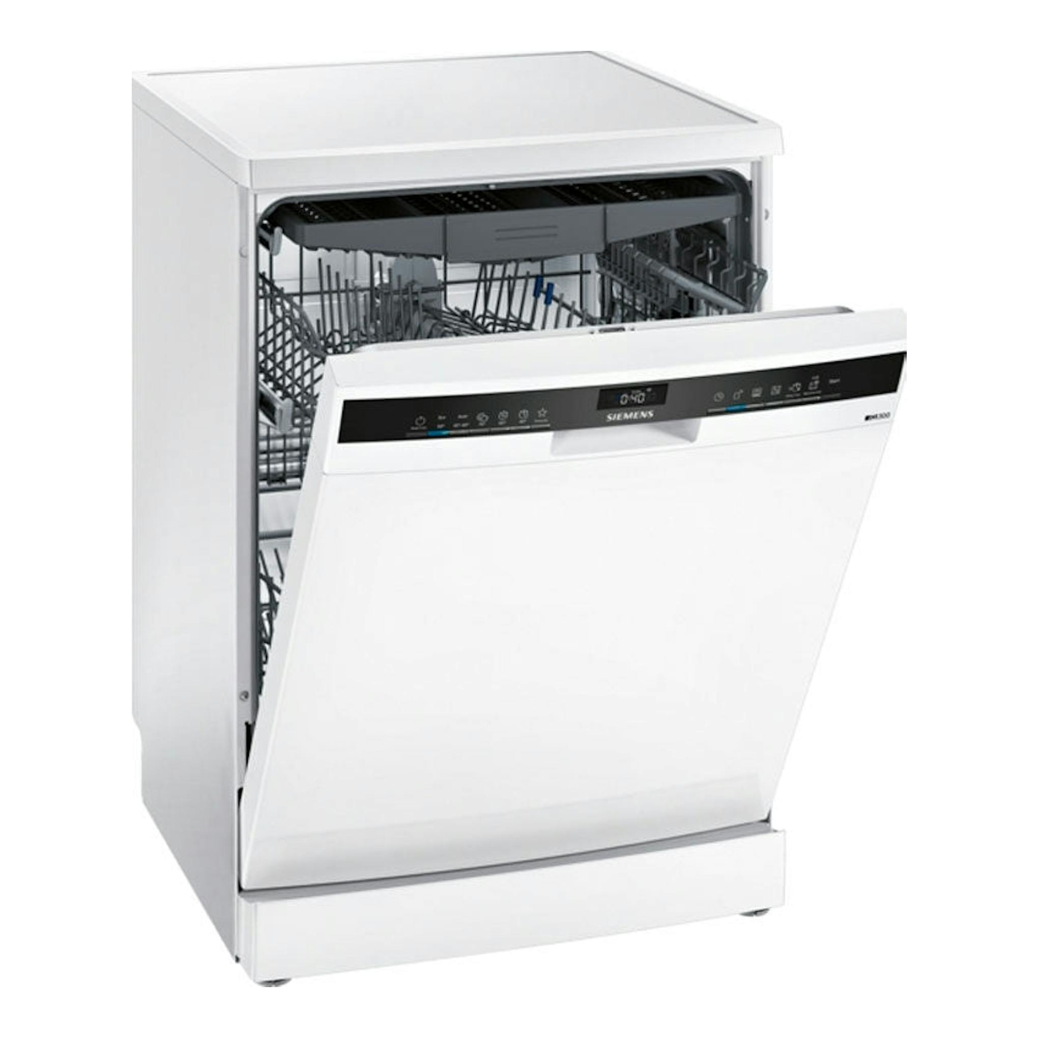 Lavavajillas Siemens SN23EW14CE blanco, vista frontal en tres cuartos, con la puerta abierta.