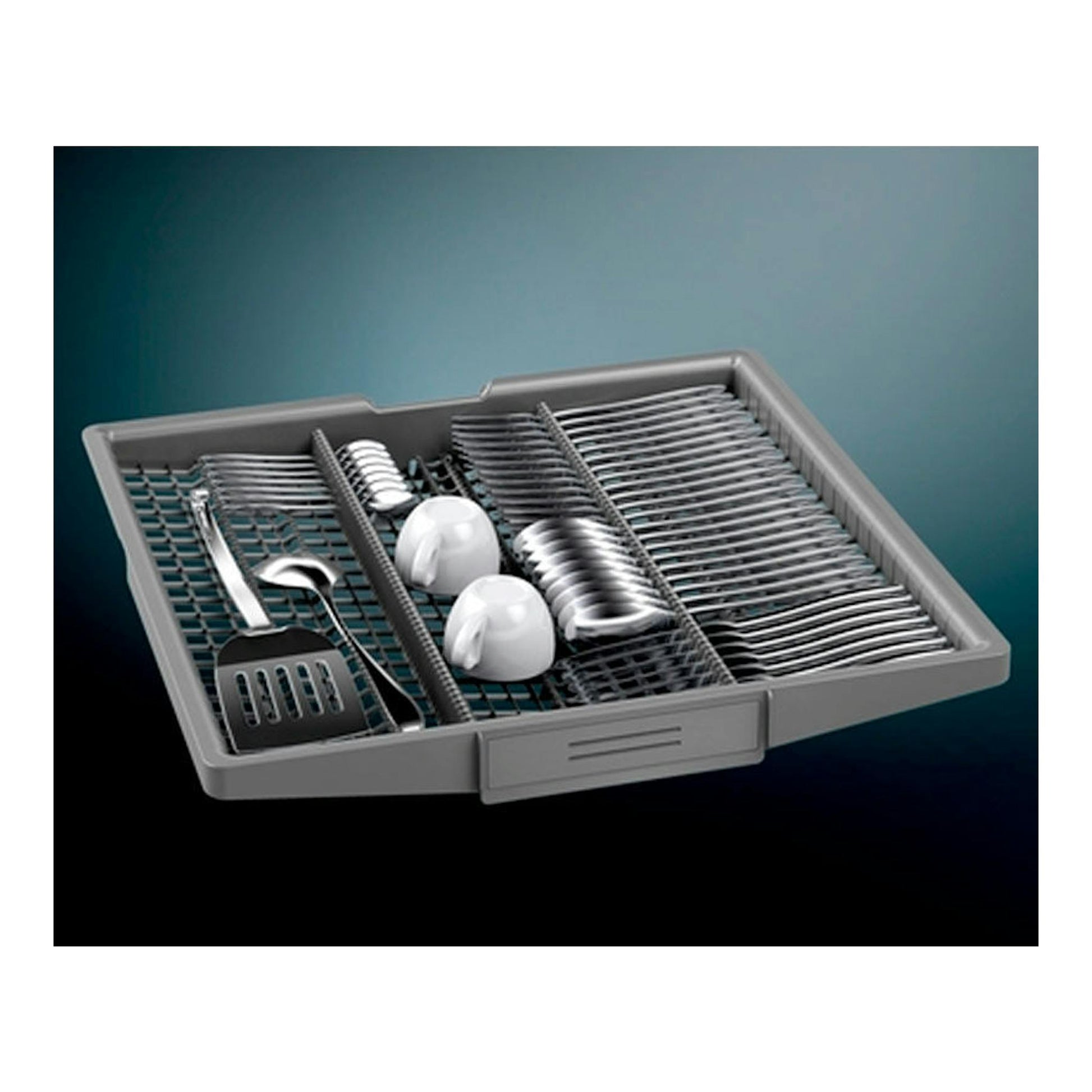 Lavavajillas Siemens SN23EW14CE: bandeja gris extraíble para cubiertos y tazas, vista en ángulo.