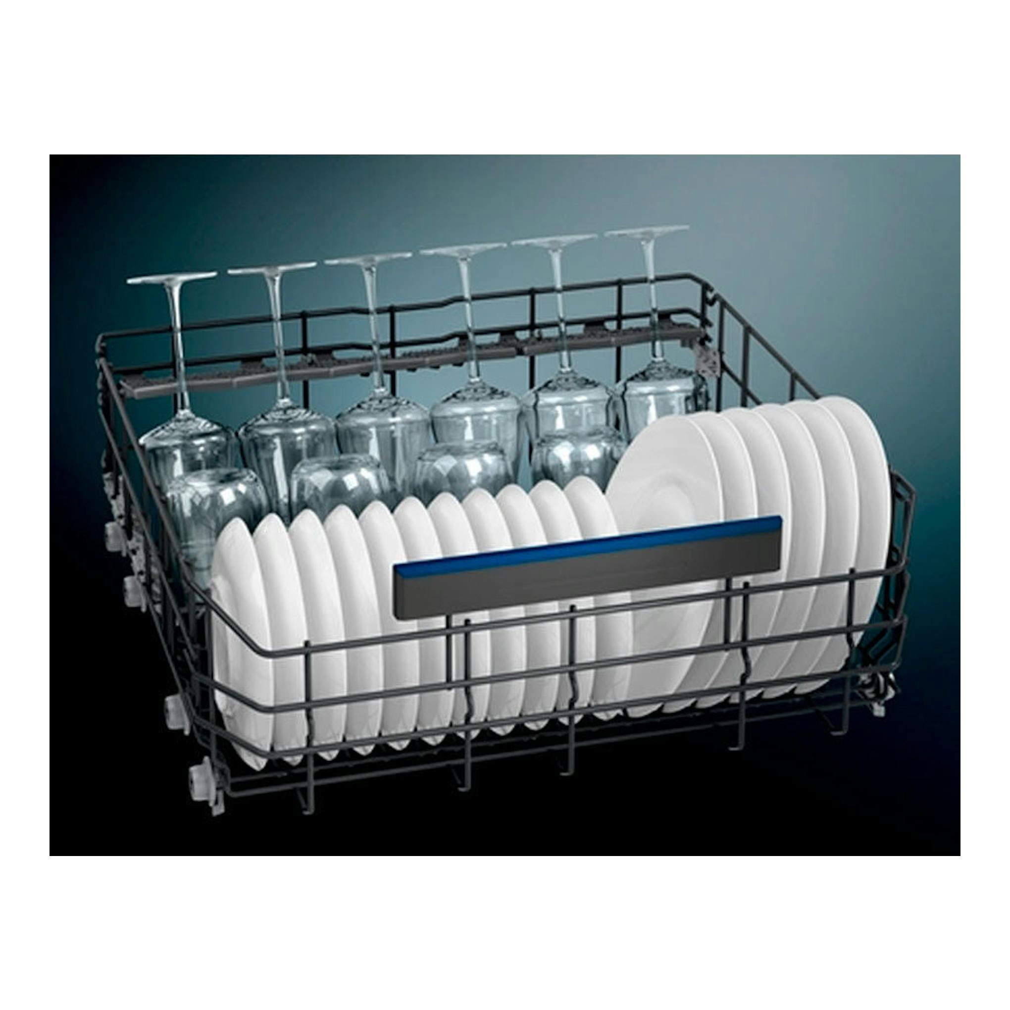 Lavavajillas Siemens SN23EW14CE: cesta con platos blancos y copas transparentes, vista frontal.